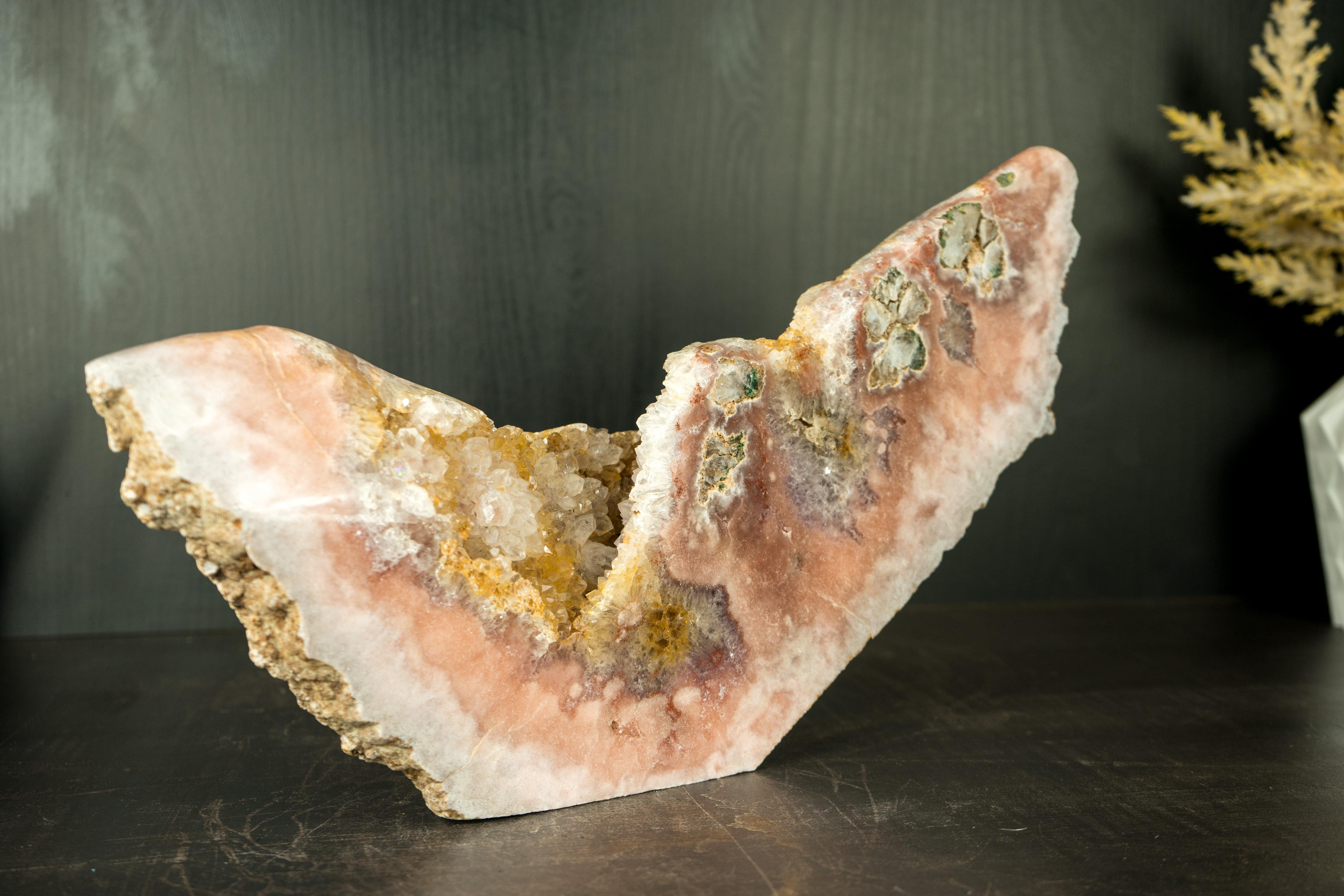 Pink Amethyst Geode with a Natural Sculpture of an Abstract Wing, Natural Art For Sale 3