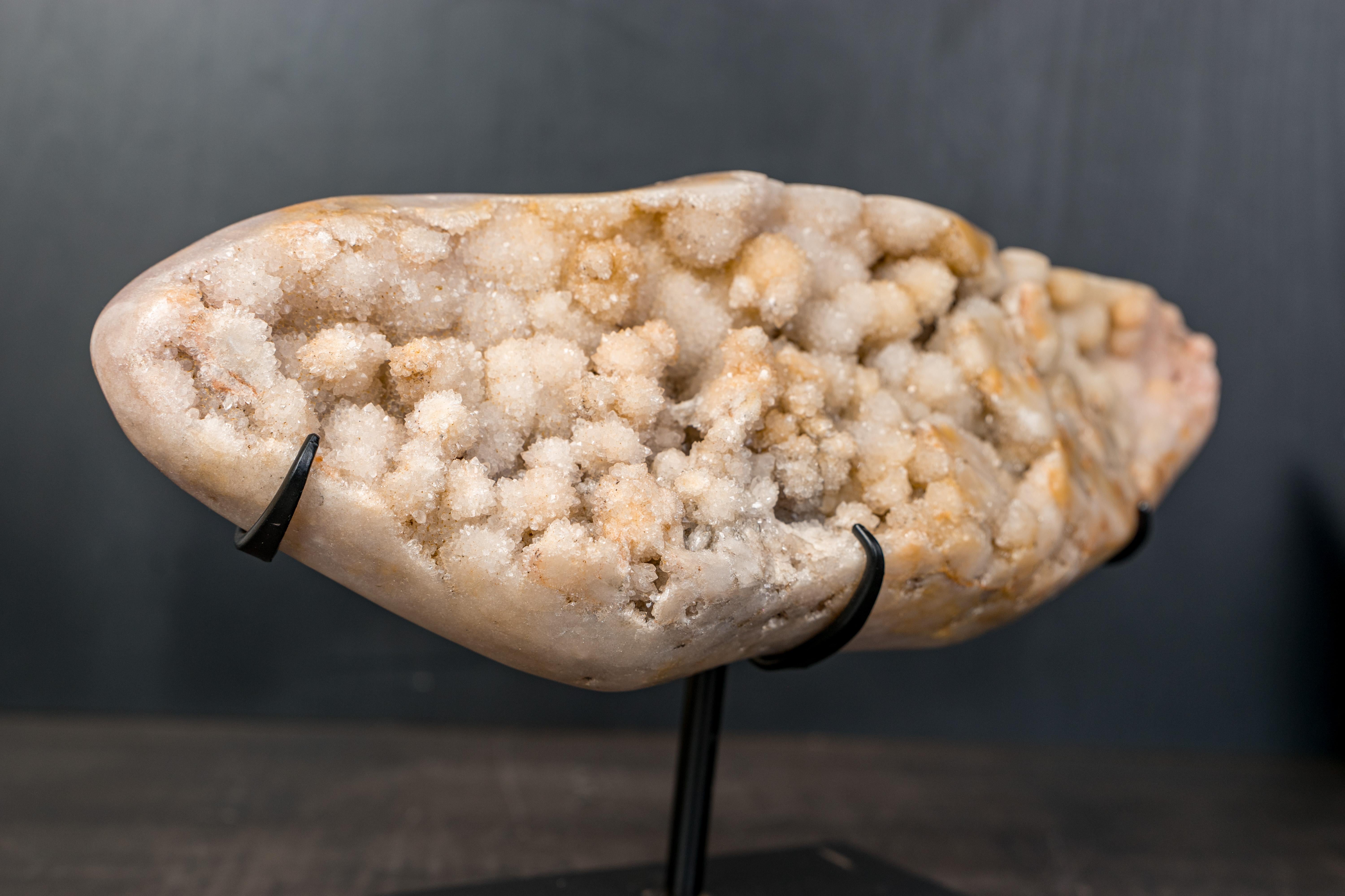 Pink Amethyst Geode with Botryoidal Spheres Covered in White Druzy For Sale 4