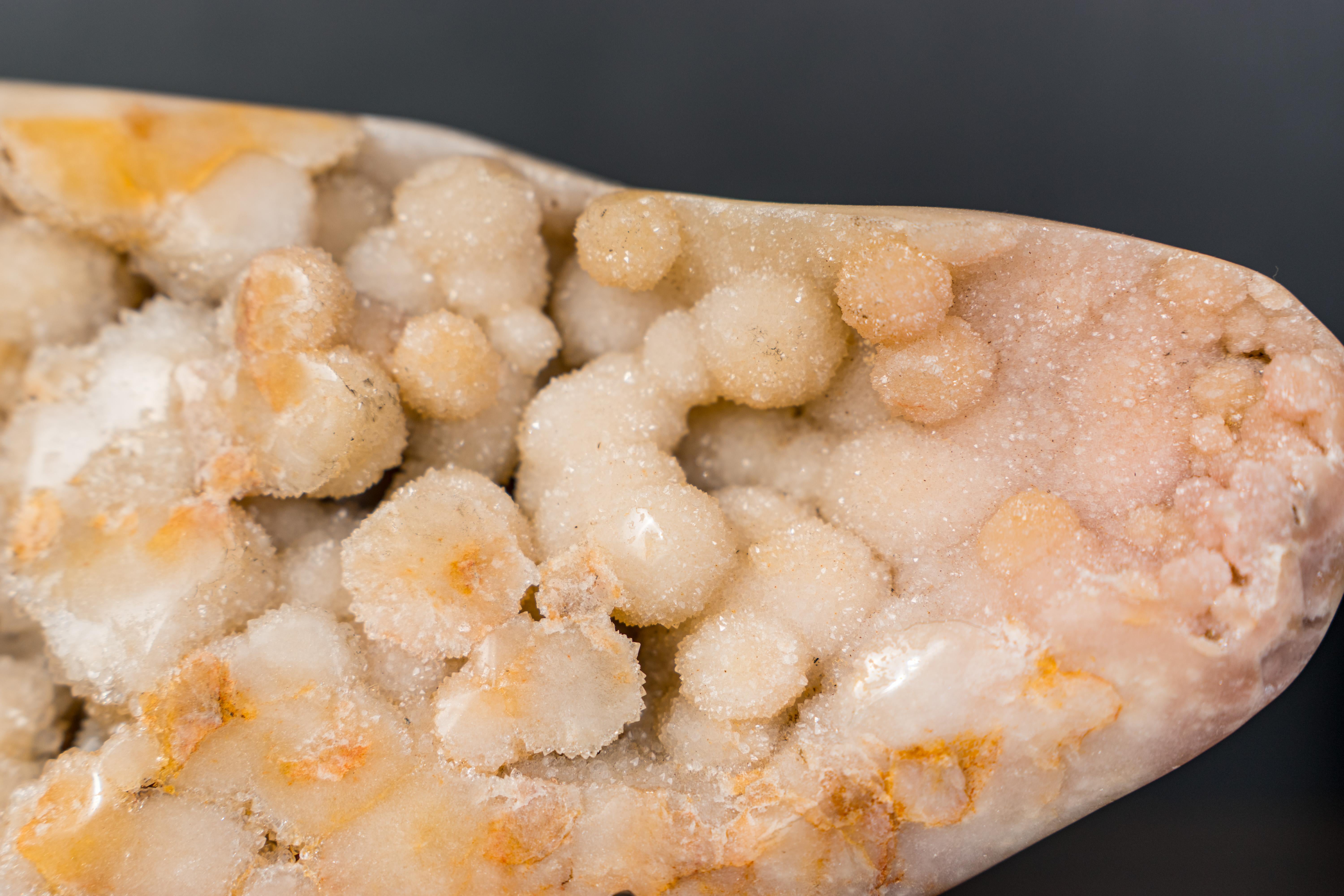 Brazilian Pink Amethyst Geode with Botryoidal Spheres Covered in White Druzy For Sale