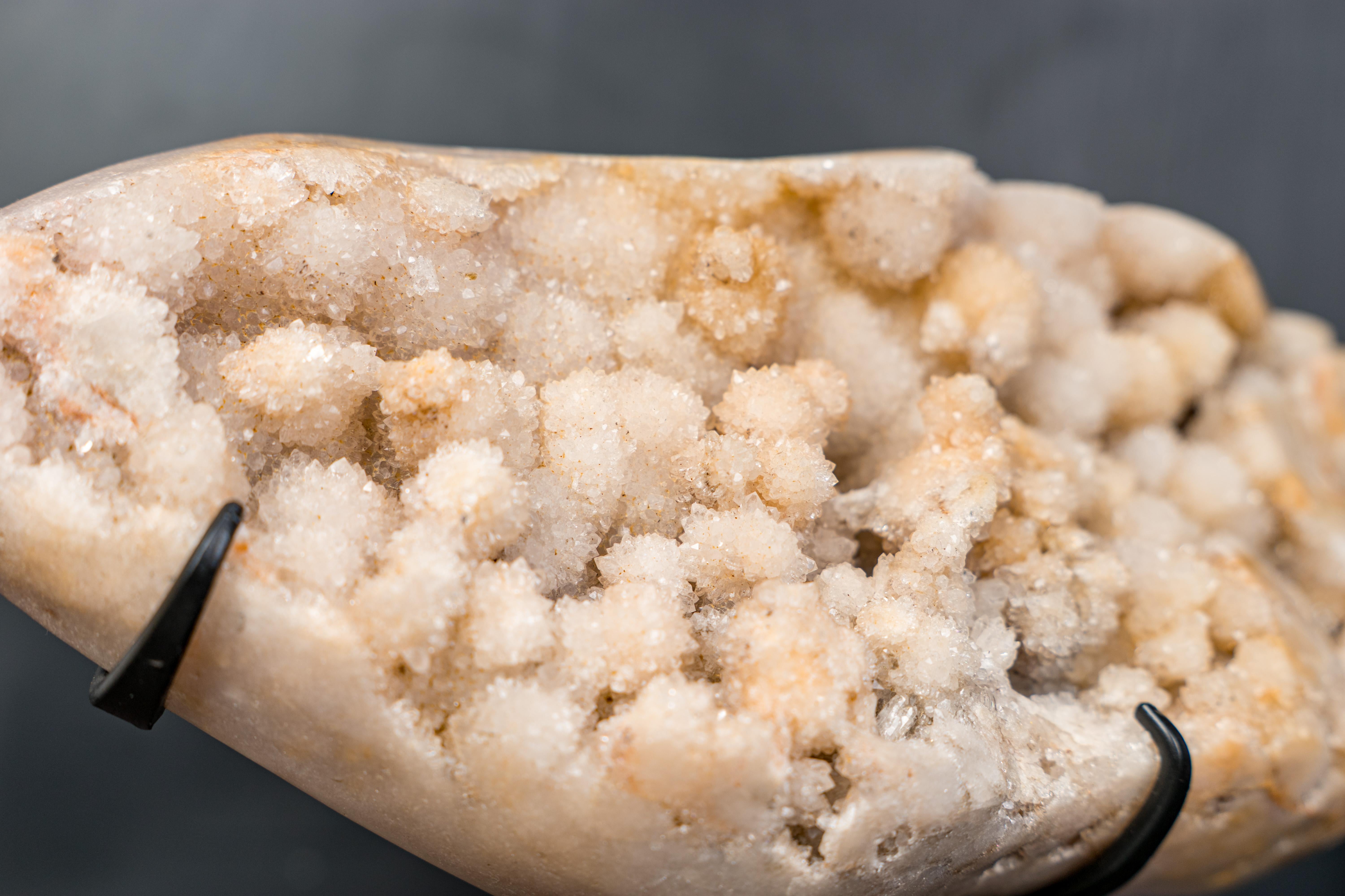 Contemporary Pink Amethyst Geode with Botryoidal Spheres Covered in White Druzy For Sale