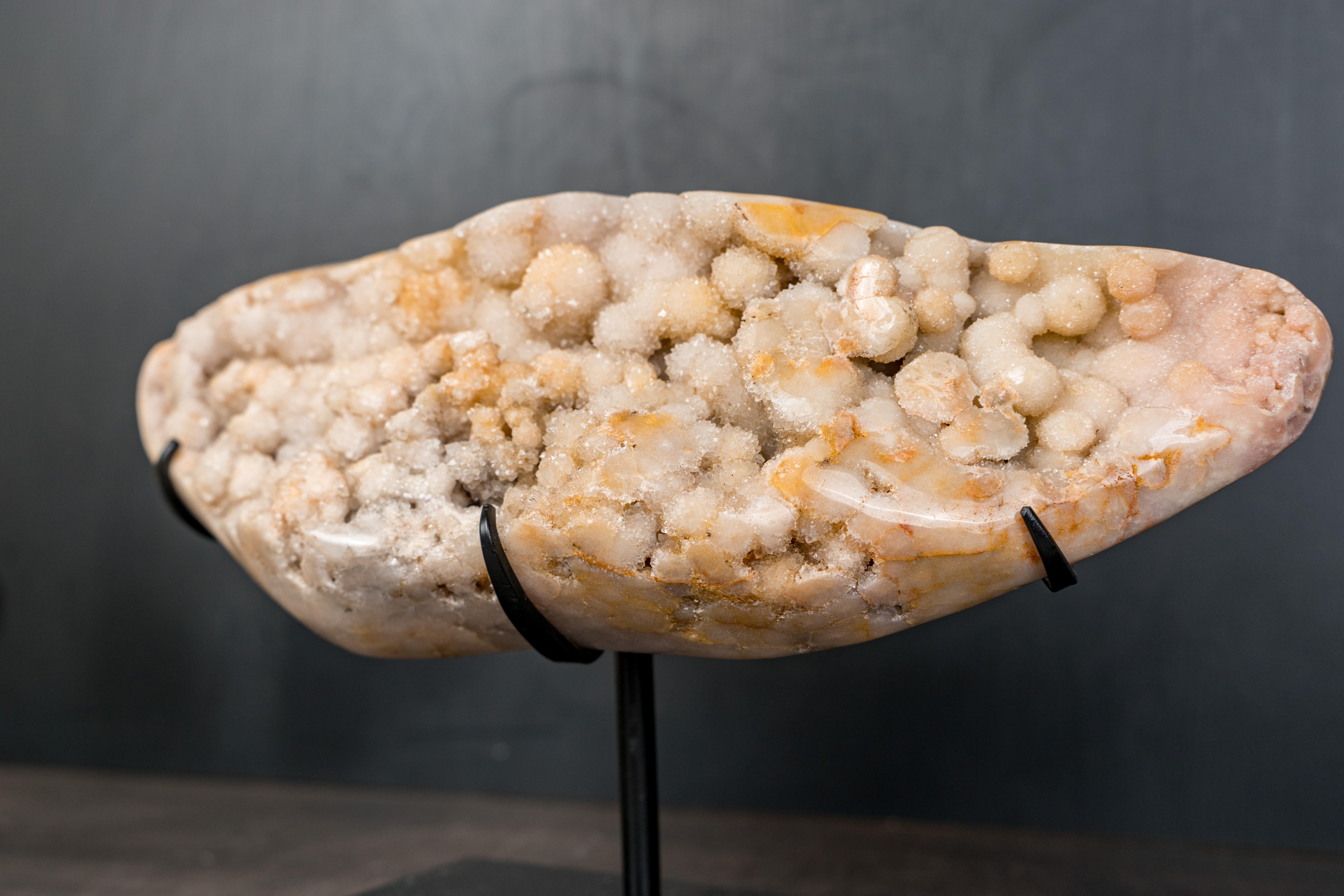 Crystal Pink Amethyst Geode with Botryoidal Spheres Covered in White Druzy For Sale