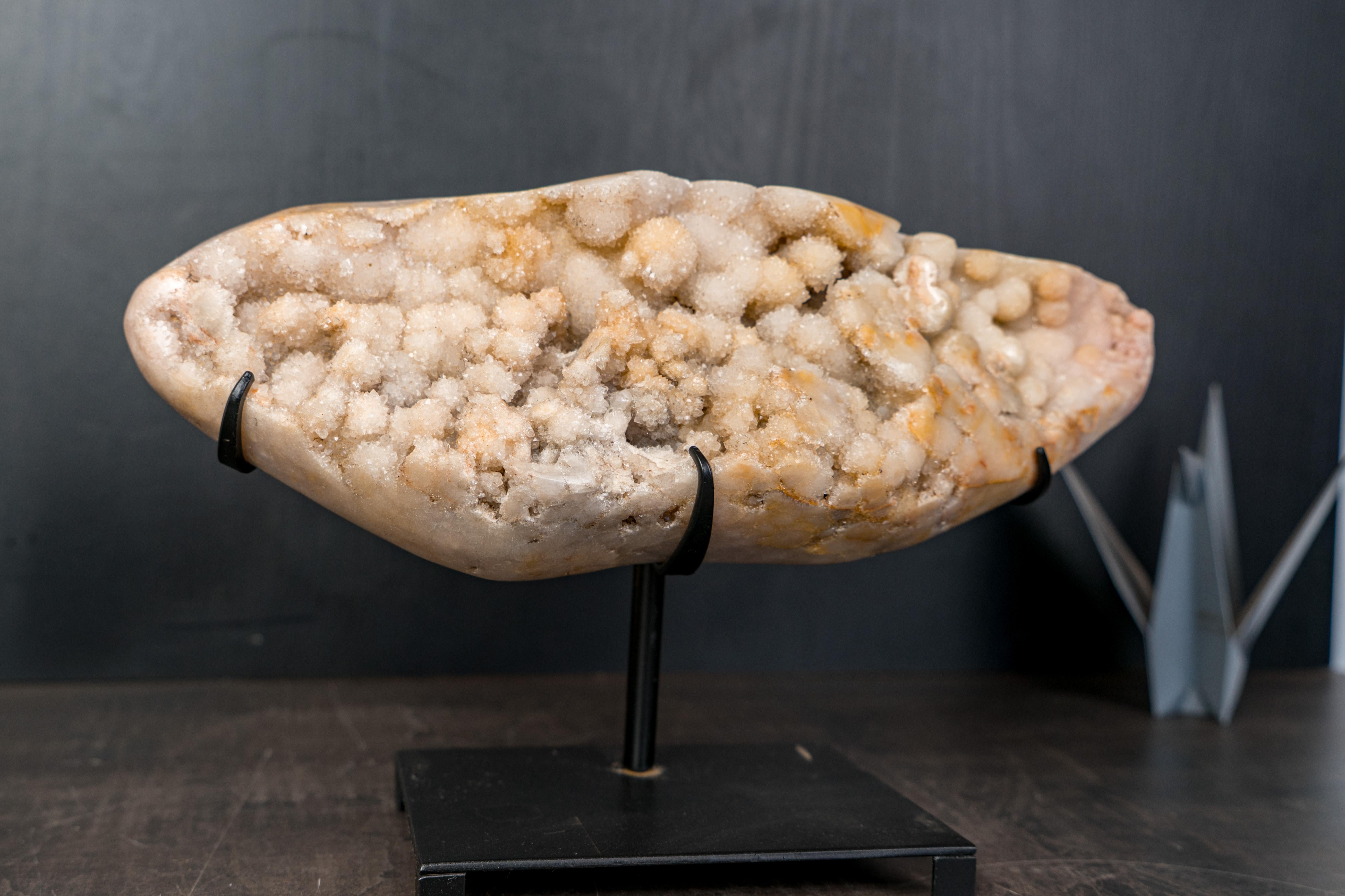 Pink Amethyst Geode with Botryoidal Spheres Covered in White Druzy For Sale 1