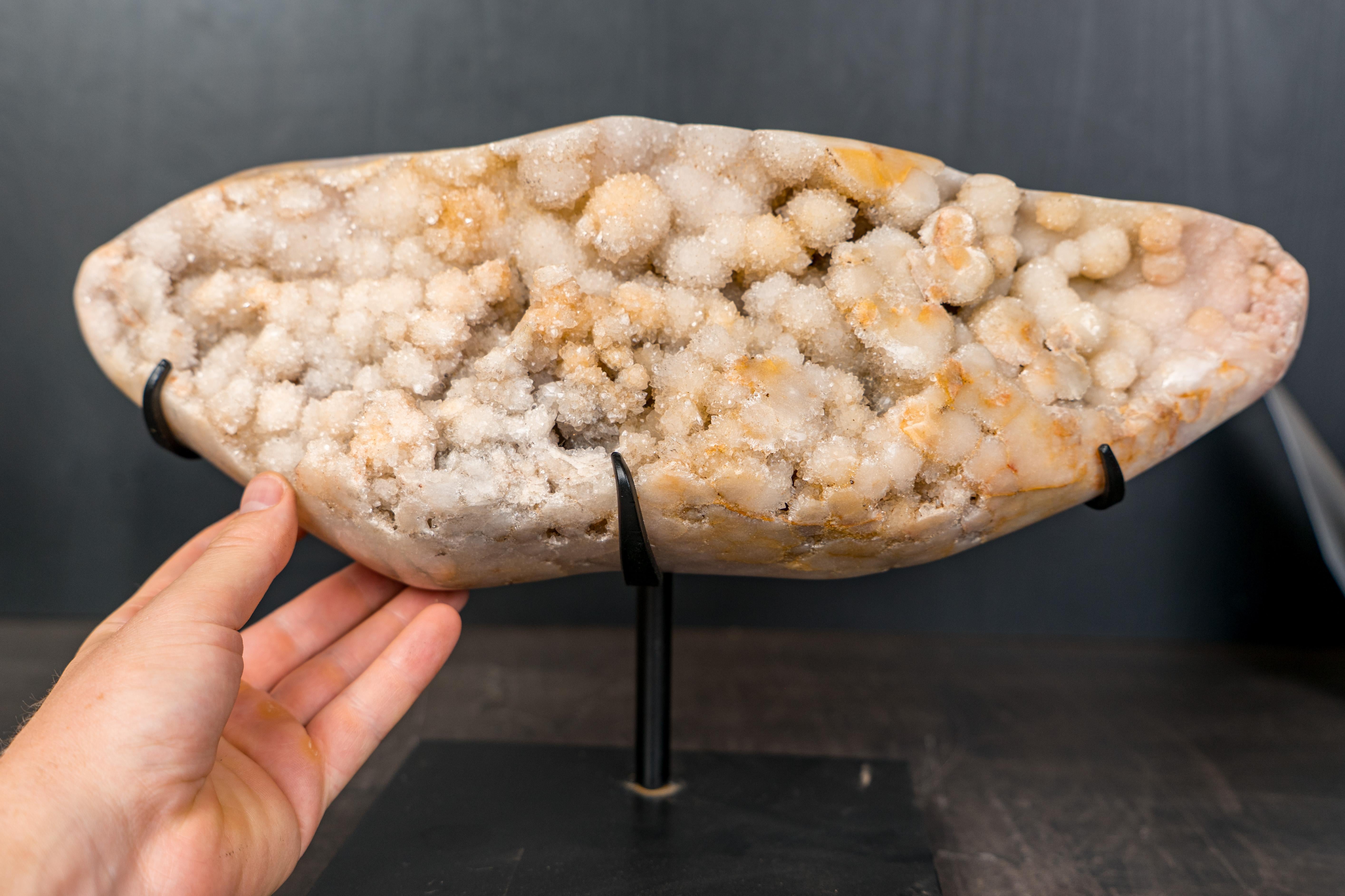 Pink Amethyst Geode with Botryoidal Spheres Covered in White Druzy For Sale 2