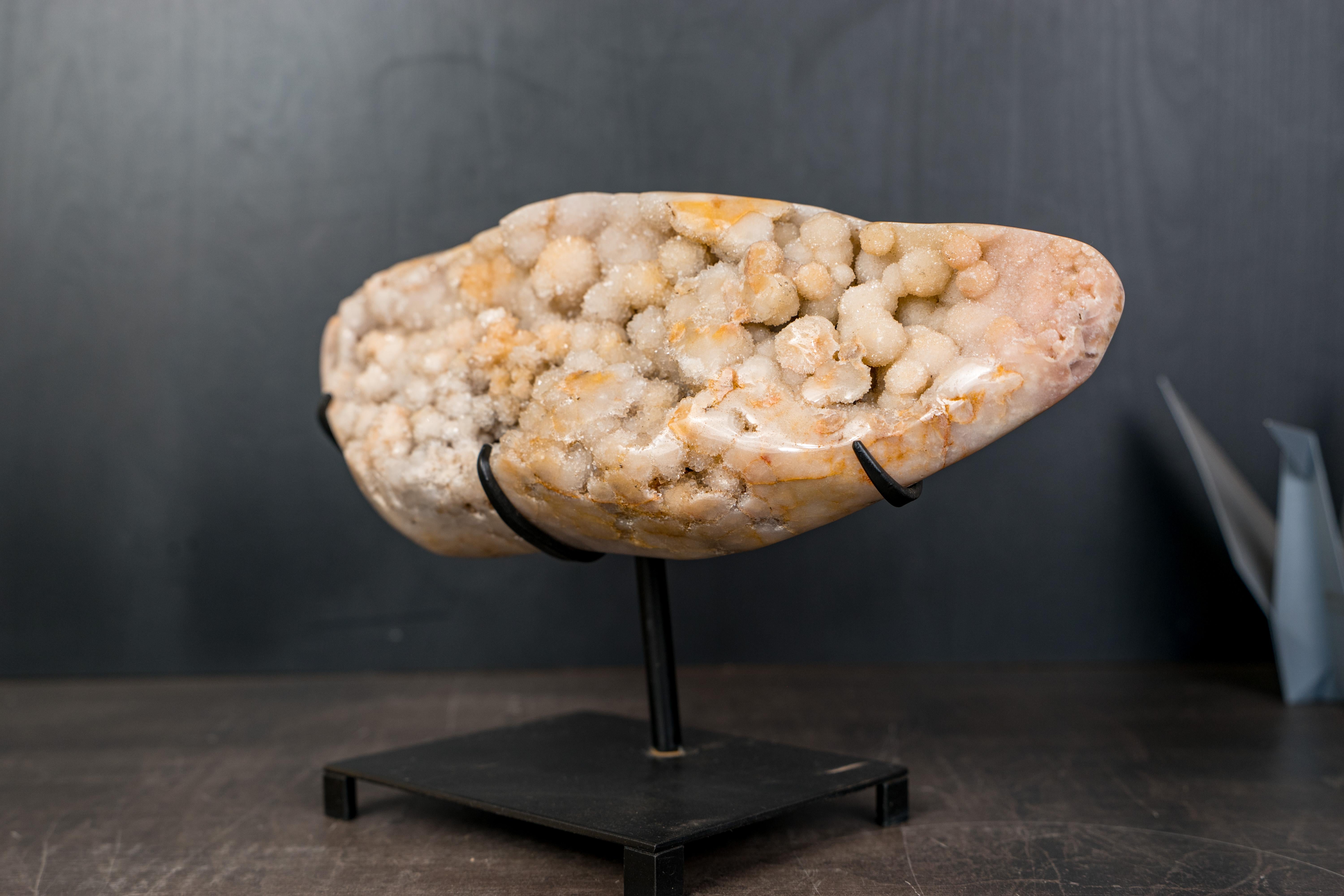 Pink Amethyst Geode with Botryoidal Spheres Covered in White Druzy For Sale 3