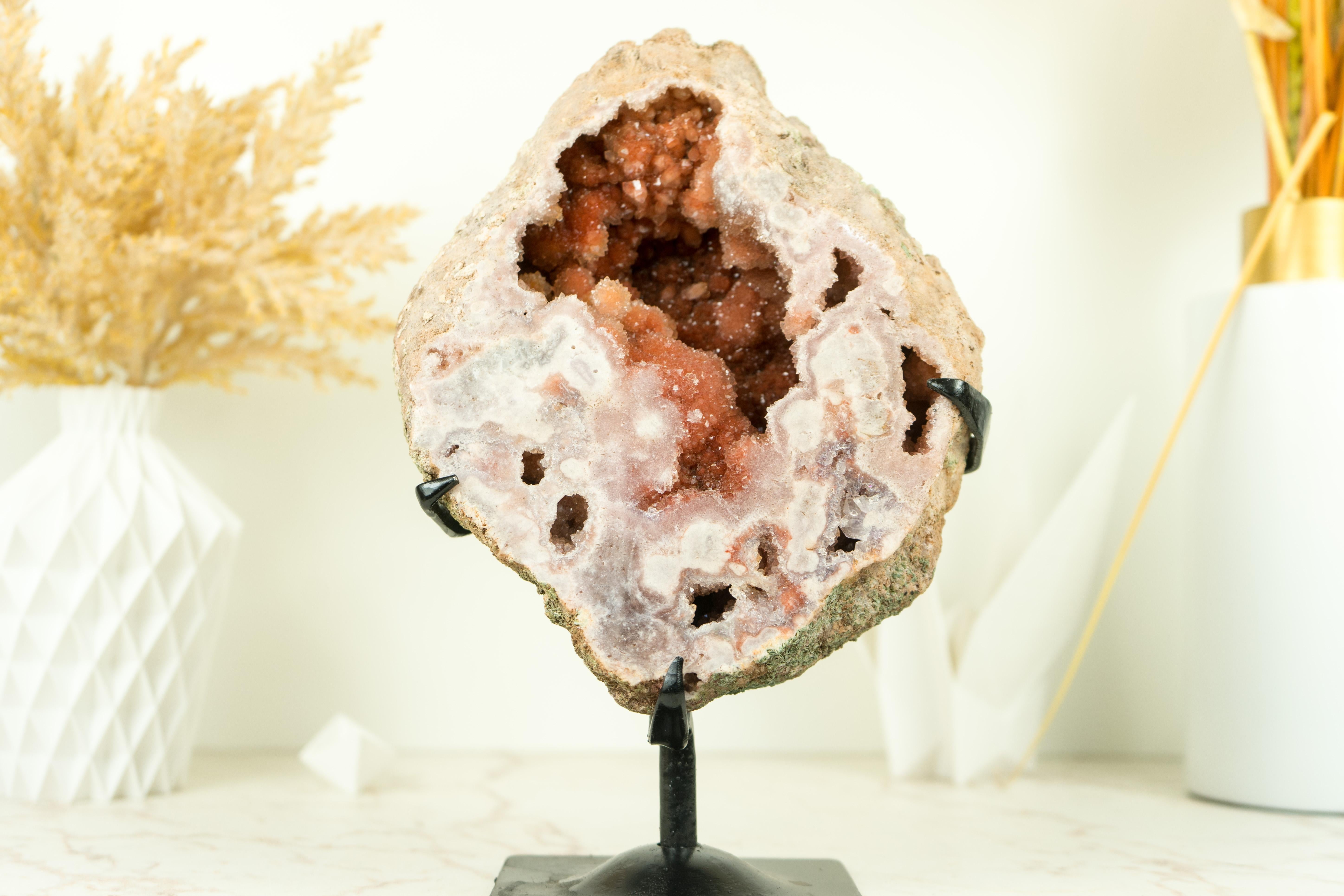 A beautiful natural Pink Amethyst Geode filled with a rarely seen Deep Red Amethyst Druzy, this gorgeous specimen is undoubtedly a collectible piece of nature that would look fantastic in any decor or on an altar.

The main characteristics of this