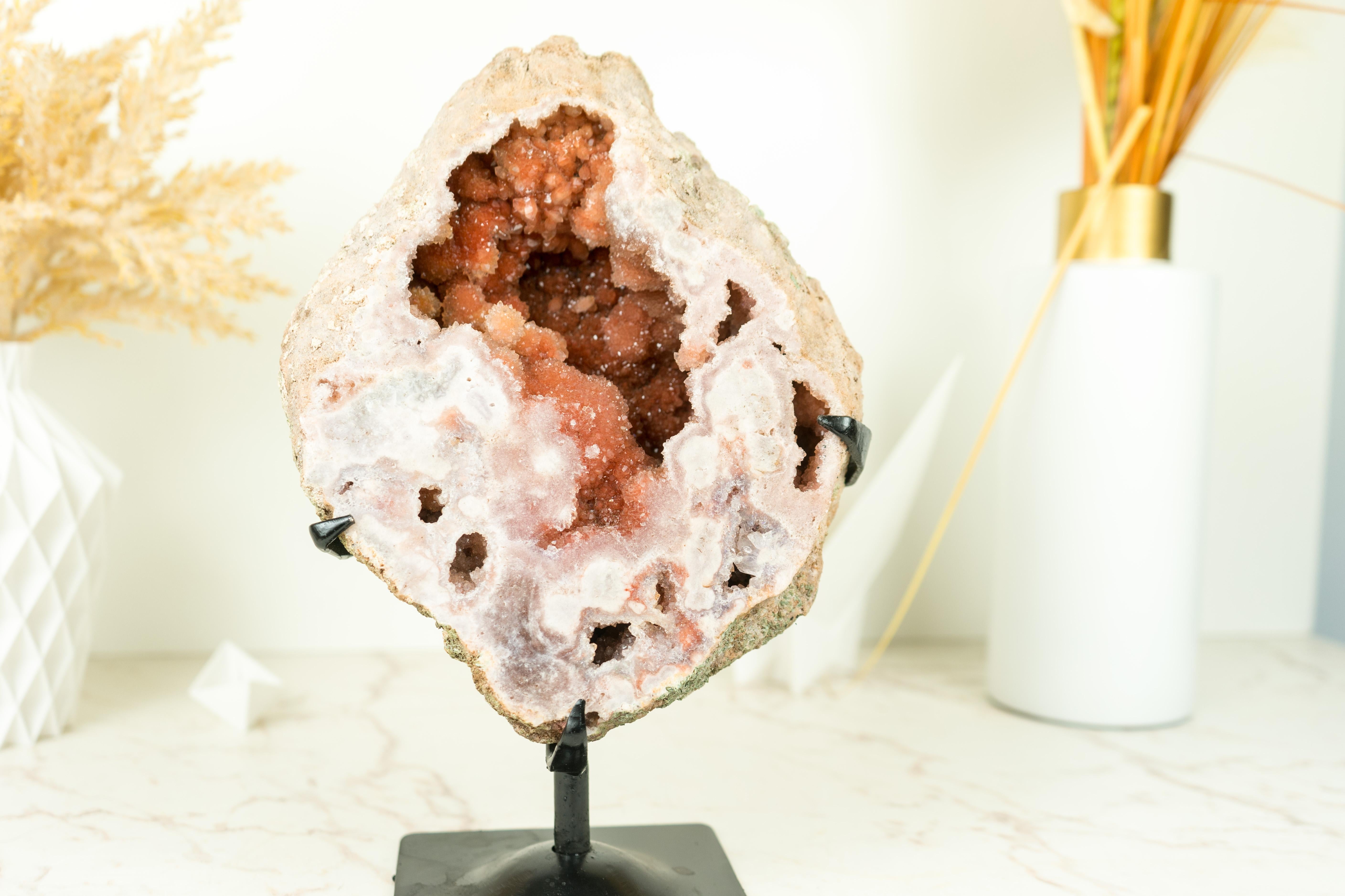 Pink Amethyst Geode with Deep Red, Shiny Amethyst Druzy For Sale 1