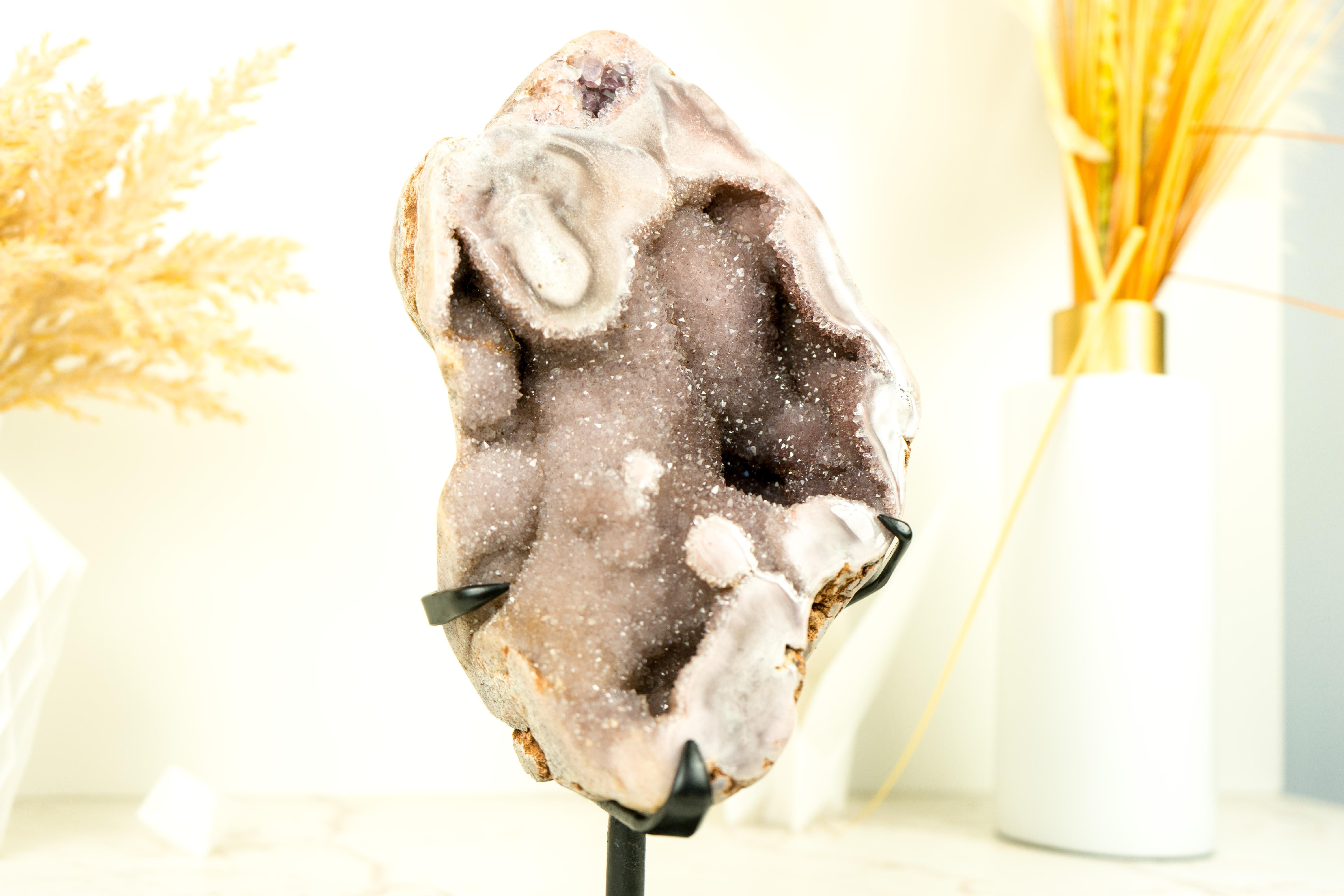 Pink Amethyst Geode with Natural Pink Crystal Amethyst on Stand For Sale 4