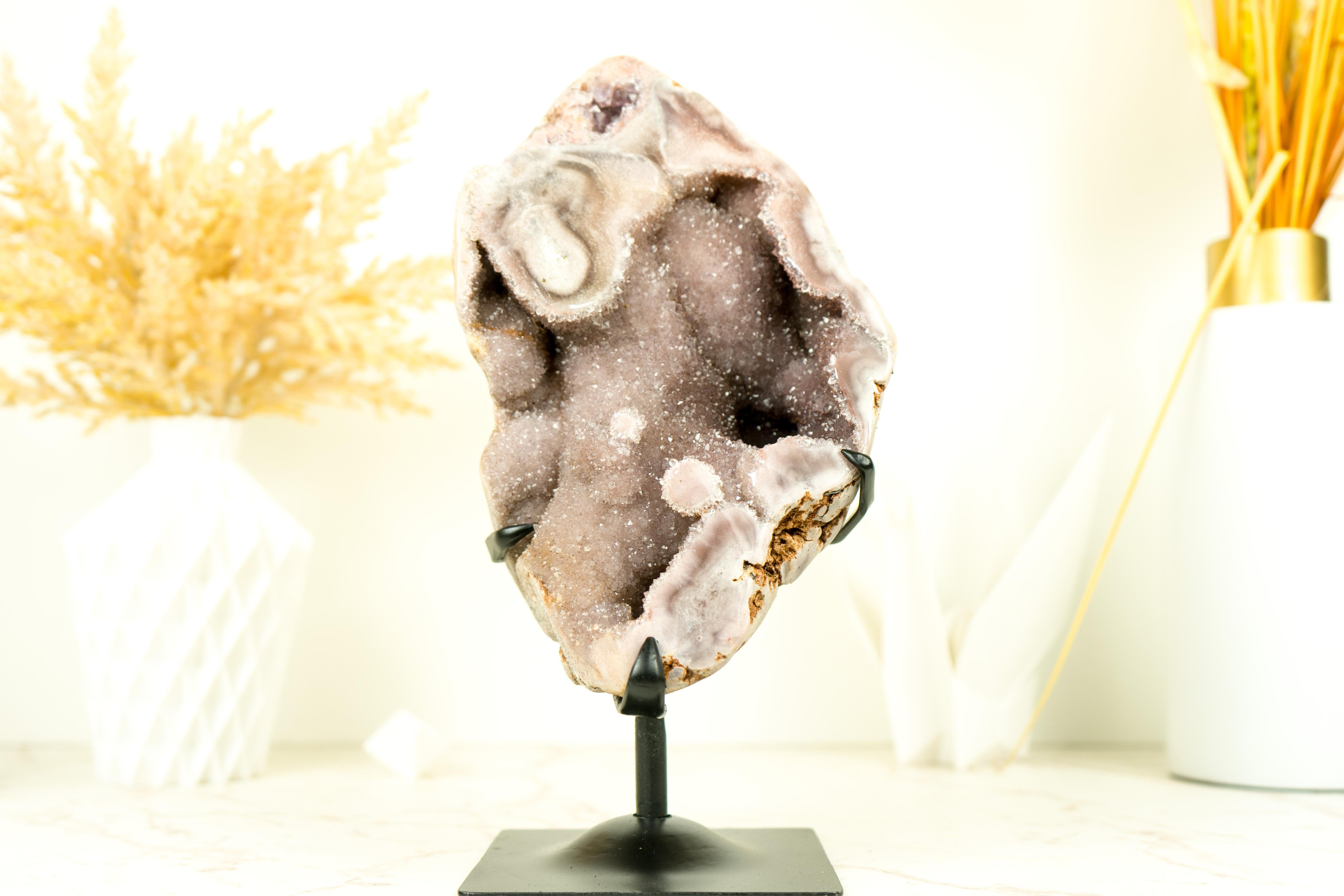 Pink Amethyst Geode with Natural Pink Crystal Amethyst on Stand For Sale 5