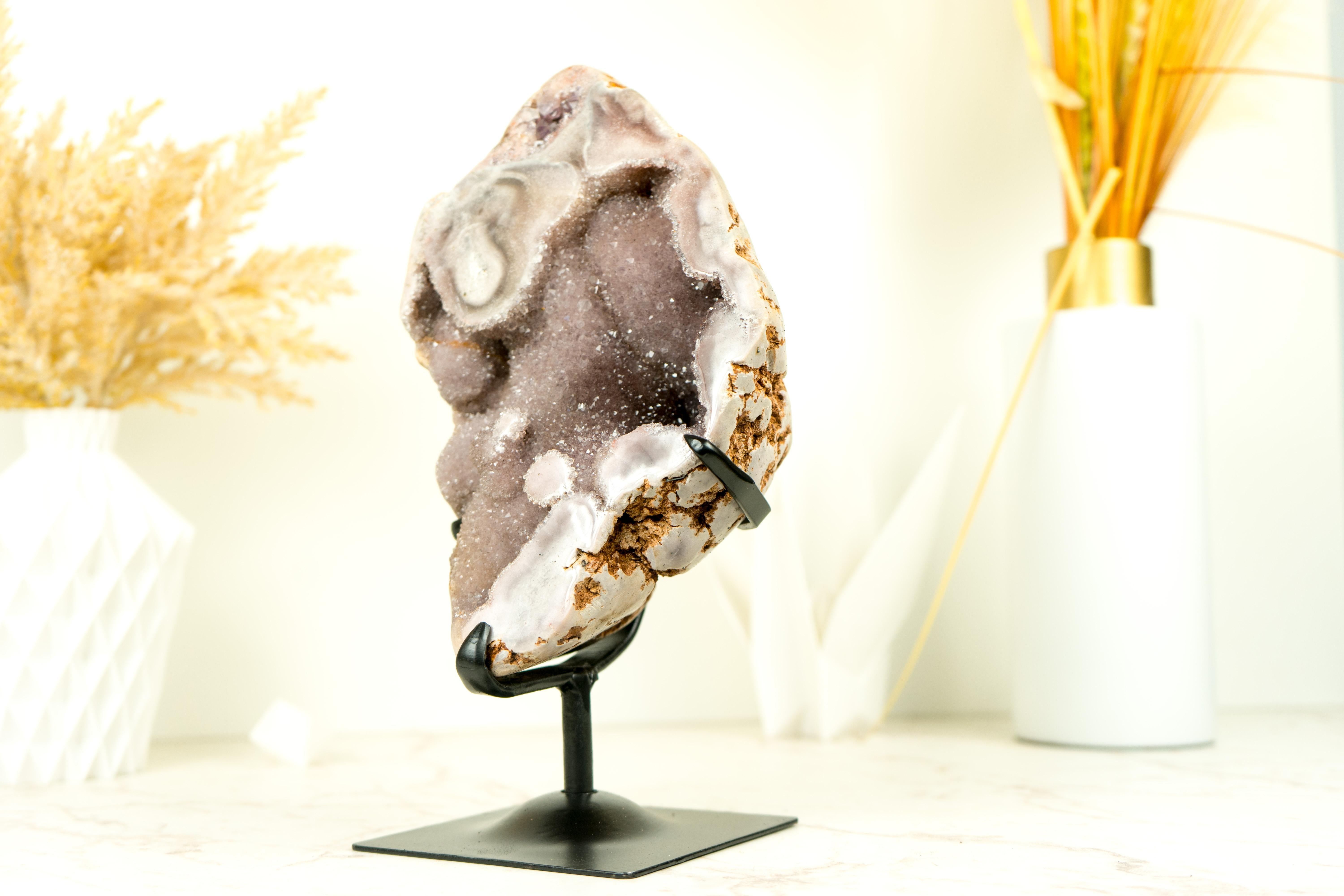 Brazilian Pink Amethyst Geode with Natural Pink Crystal Amethyst on Stand For Sale