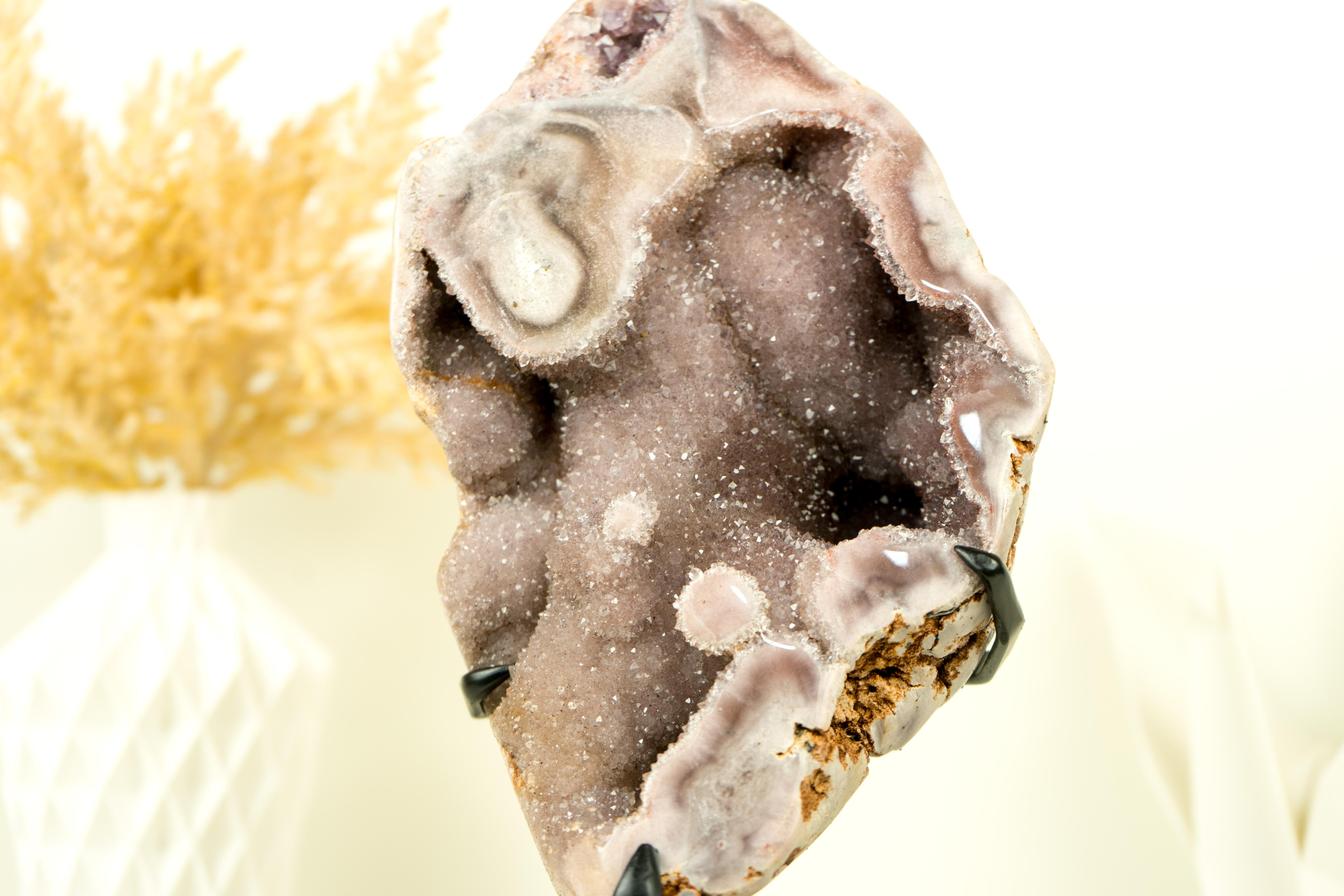 Pink Amethyst Geode with Natural Pink Crystal Amethyst on Stand For Sale 2