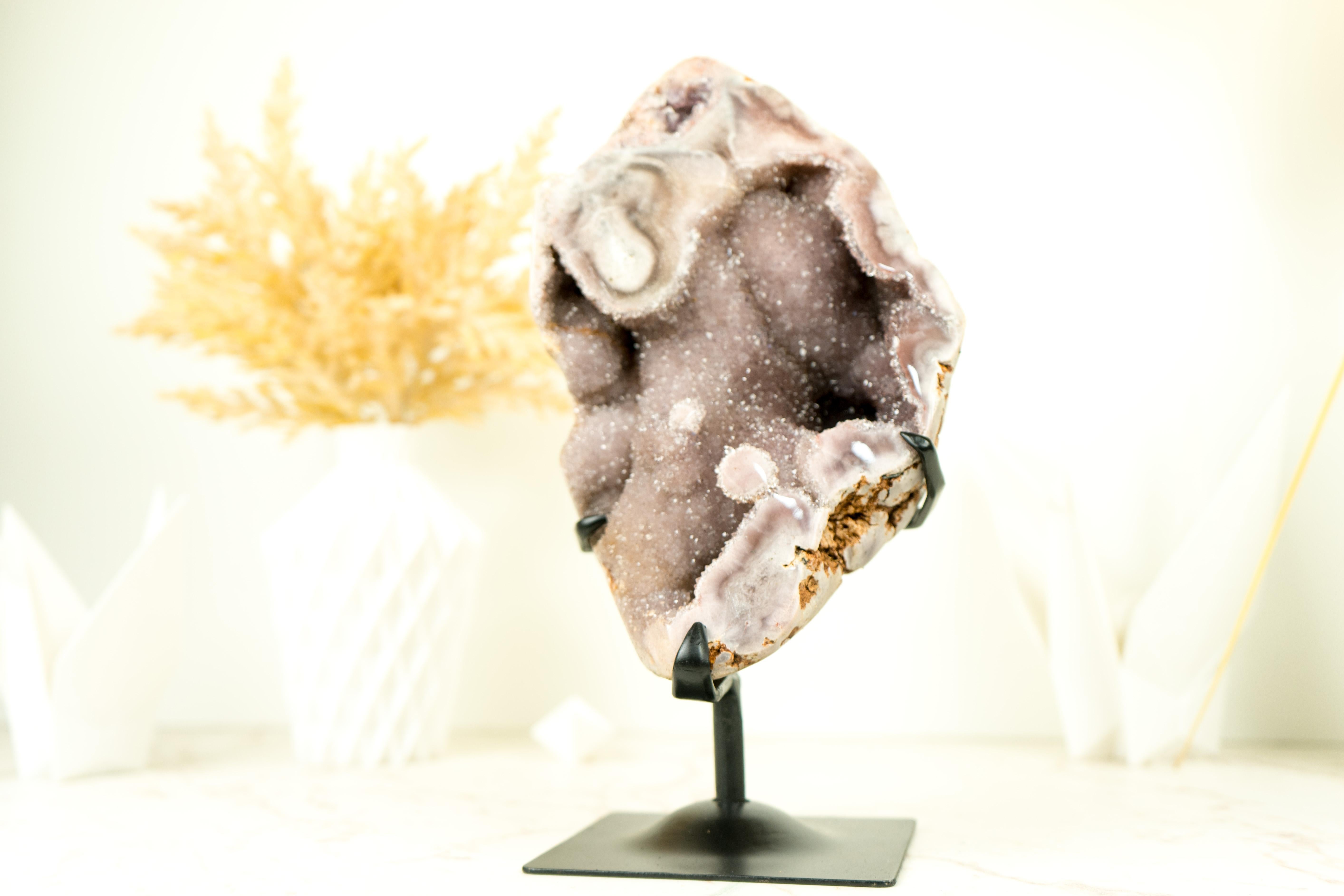 Pink Amethyst Geode with Natural Pink Crystal Amethyst on Stand For Sale 3