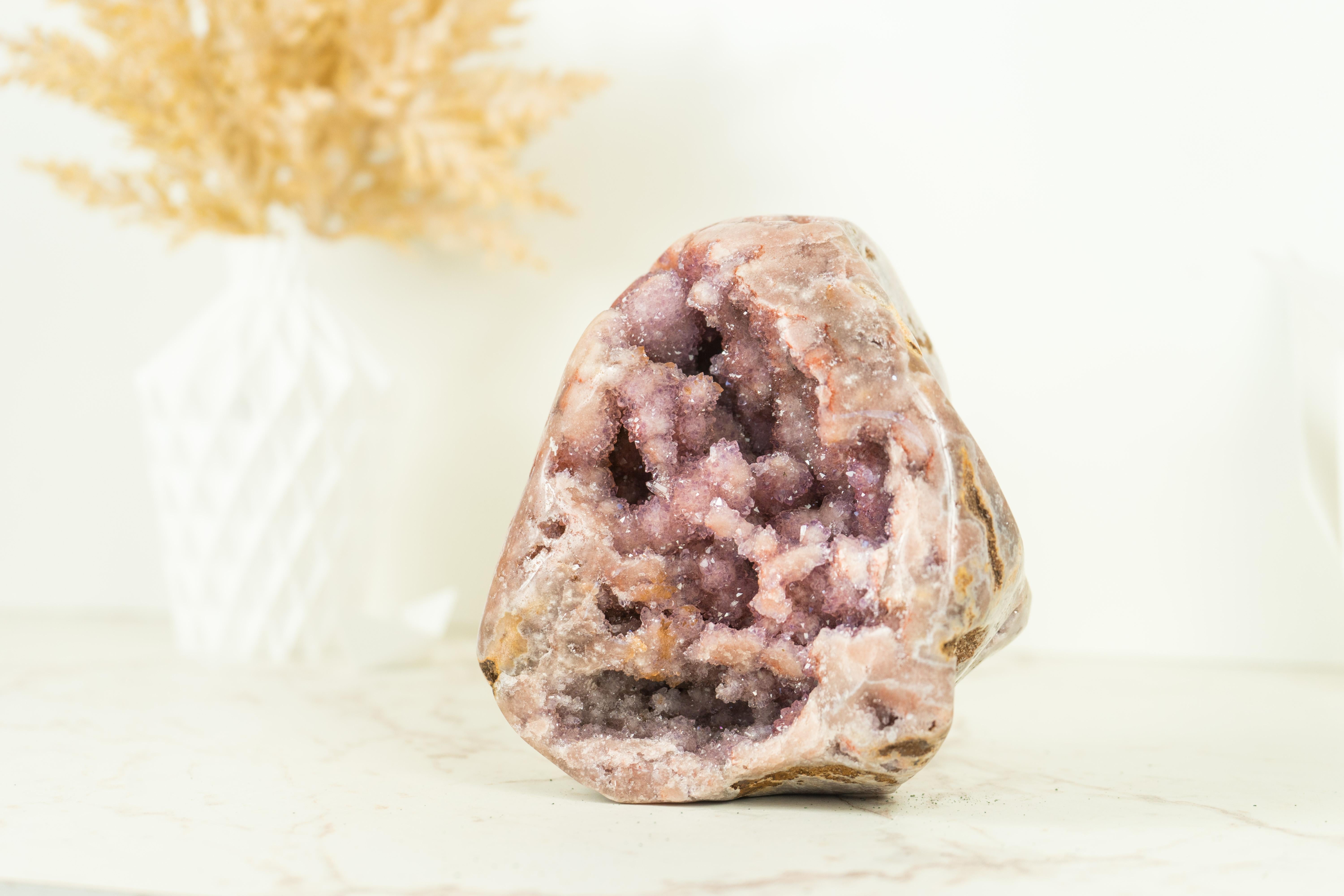 Pink Amethyst Geode with Unique Decorative Flower Druzy and AAA Pink Druzy For Sale 5