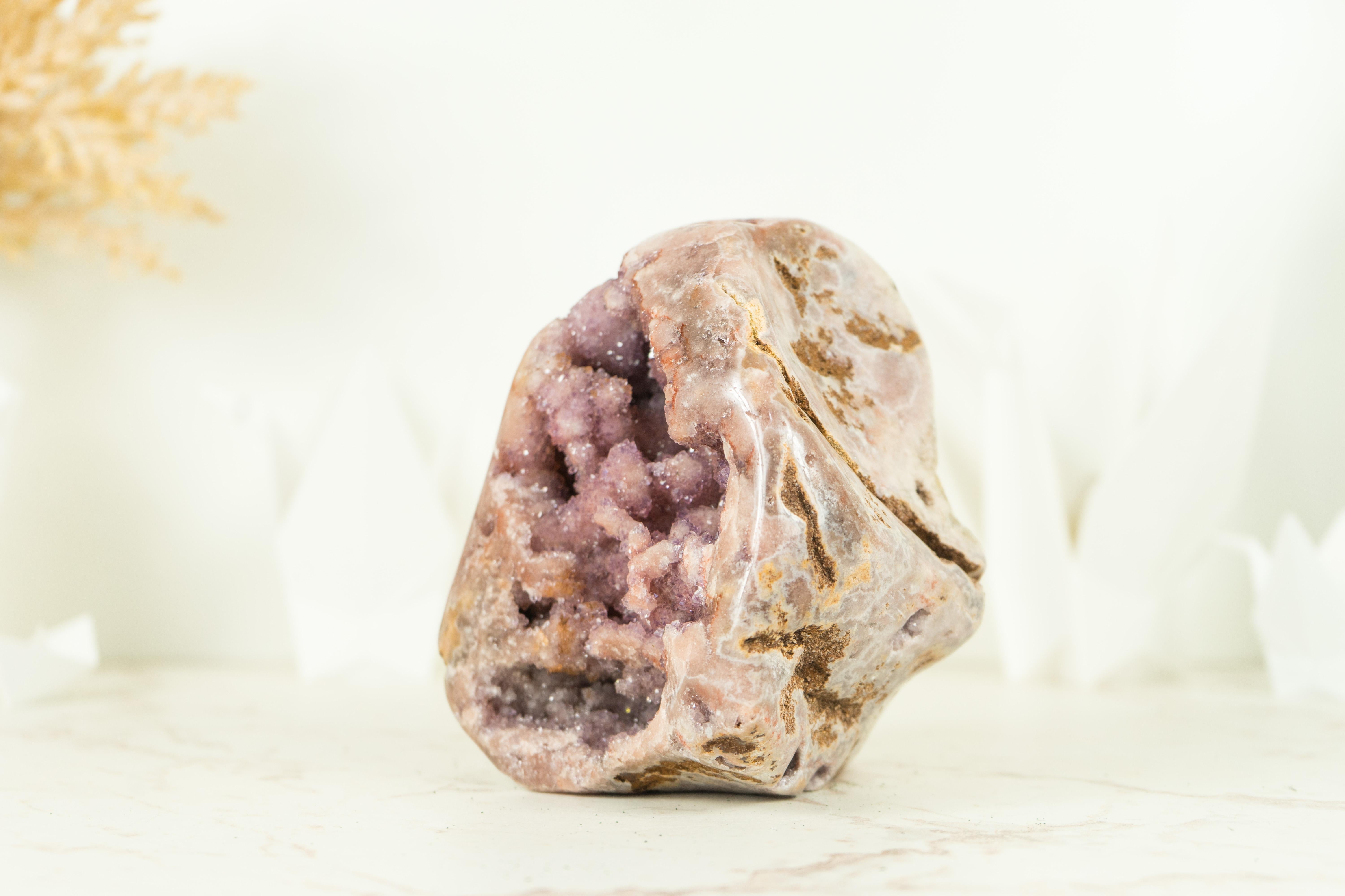 Contemporary Pink Amethyst Geode with Unique Decorative Flower Druzy and AAA Pink Druzy For Sale
