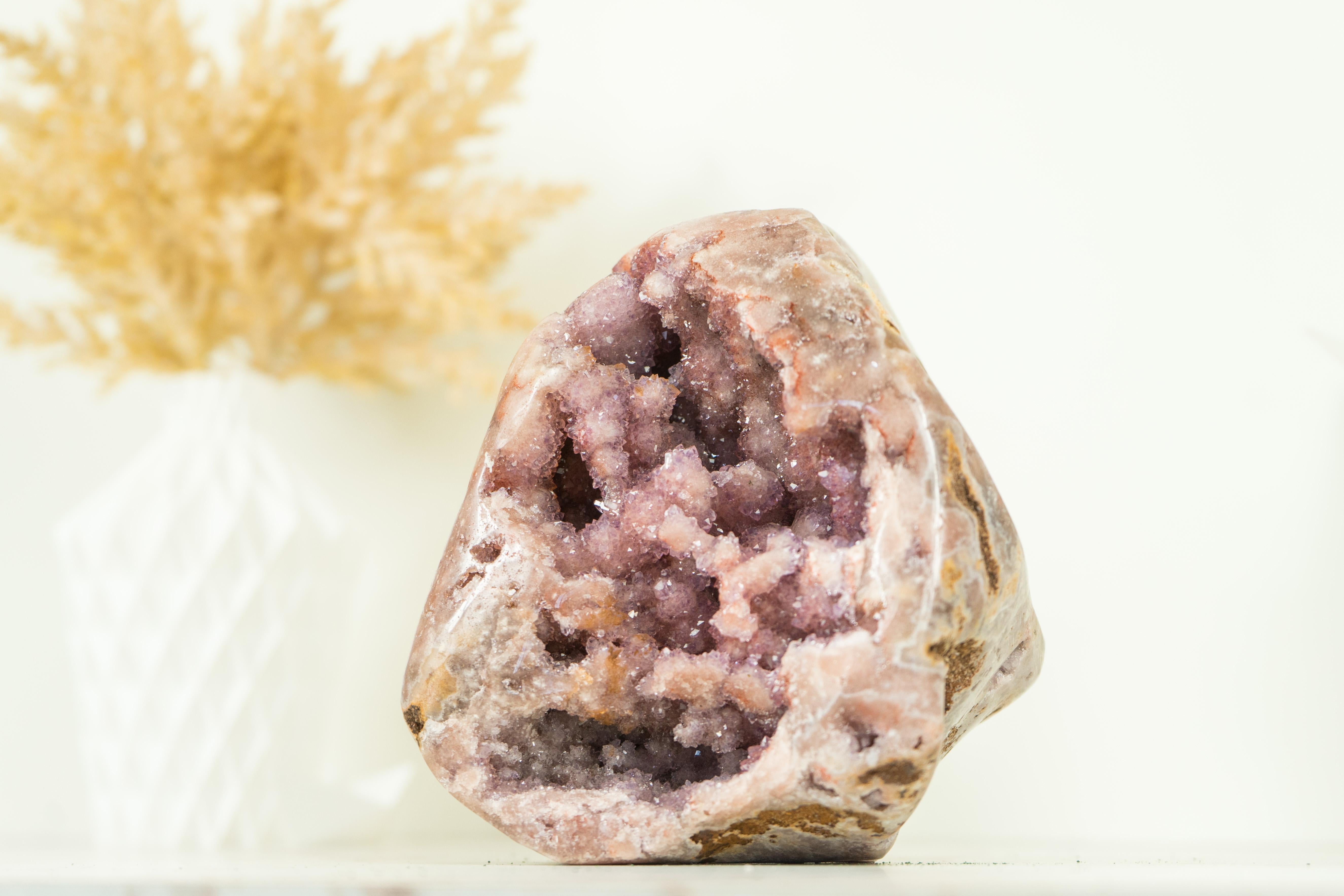Agate Pink Amethyst Geode with Unique Decorative Flower Druzy and AAA Pink Druzy For Sale