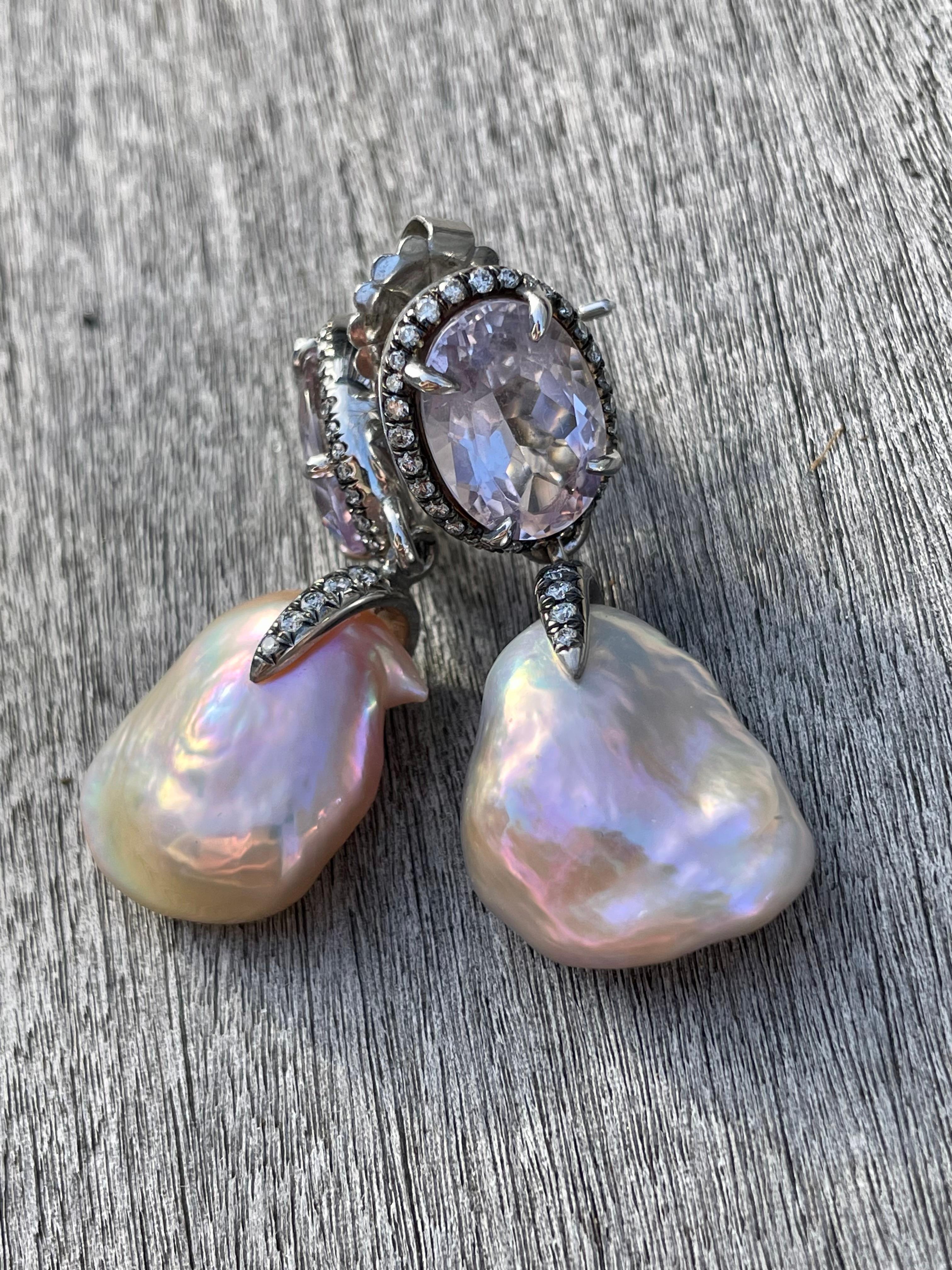 Oval Cut Pink Amethyst and Lavender Soufflé Pearl Drop Earrings For Sale