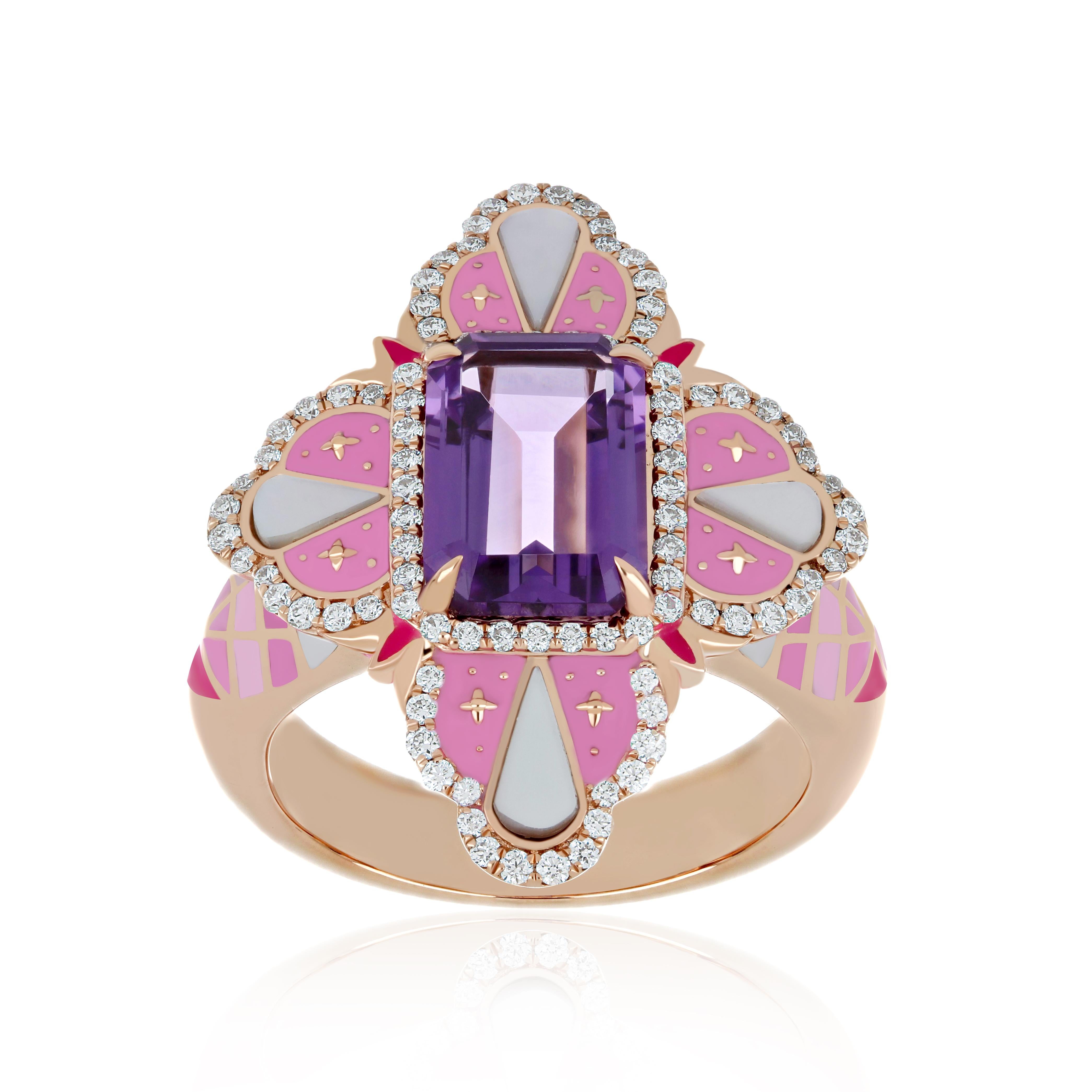 For Sale:  Pink Amethyst, MOP and Diamond Studded Ring with Enamel in 14k Rose Gold 2