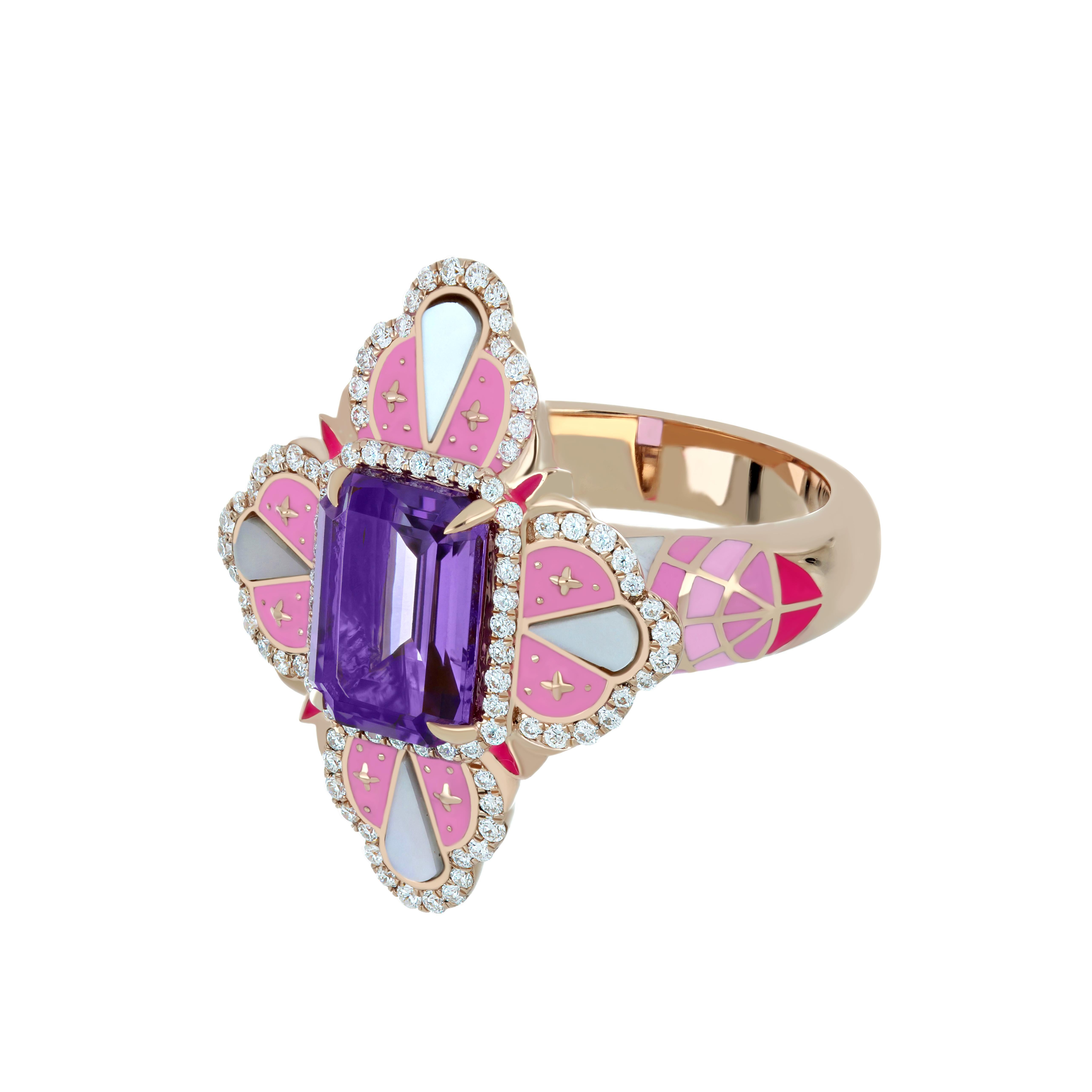 For Sale:  Pink Amethyst, MOP and Diamond Studded Ring with Enamel in 14k Rose Gold 3