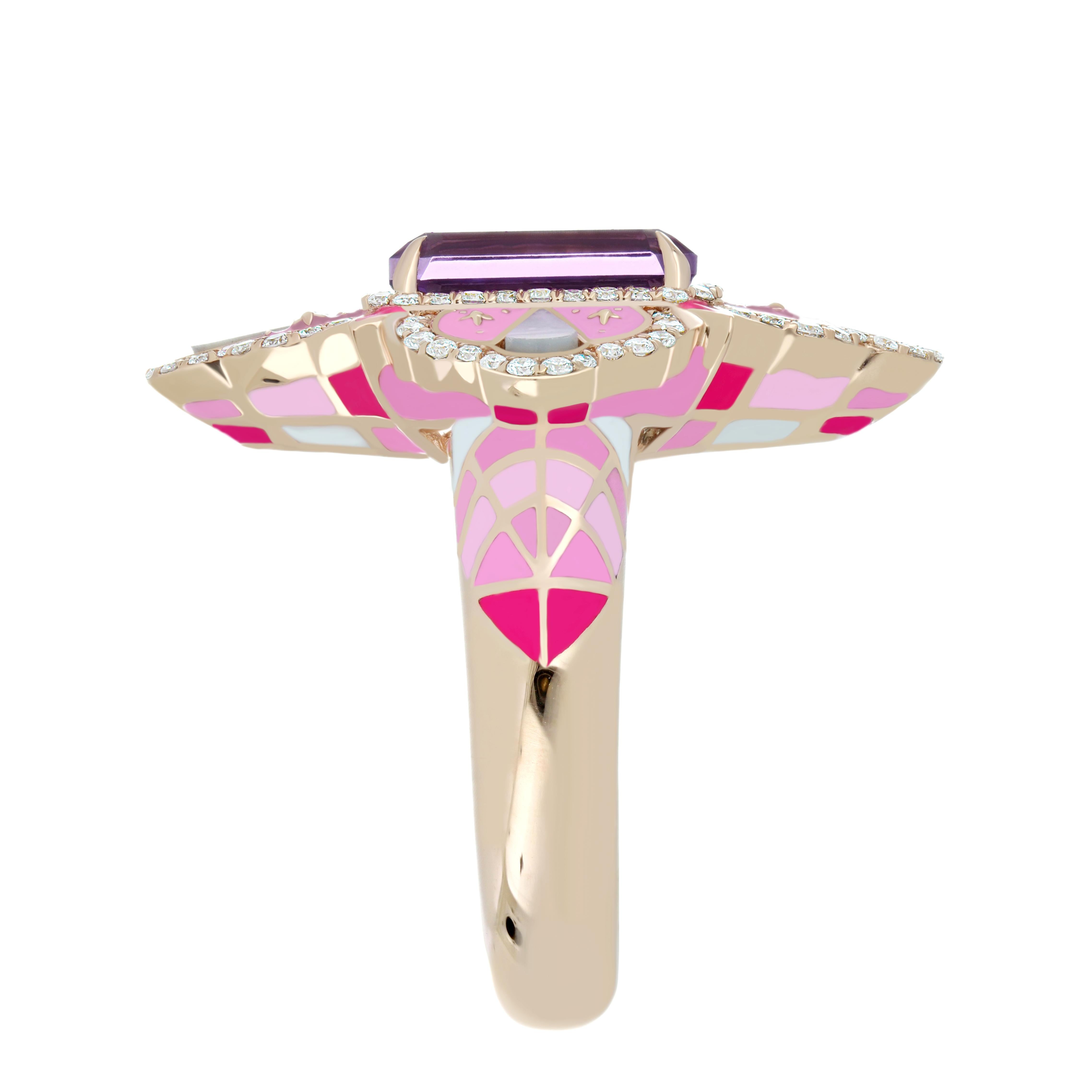 For Sale:  Pink Amethyst, MOP and Diamond Studded Ring with Enamel in 14k Rose Gold 4