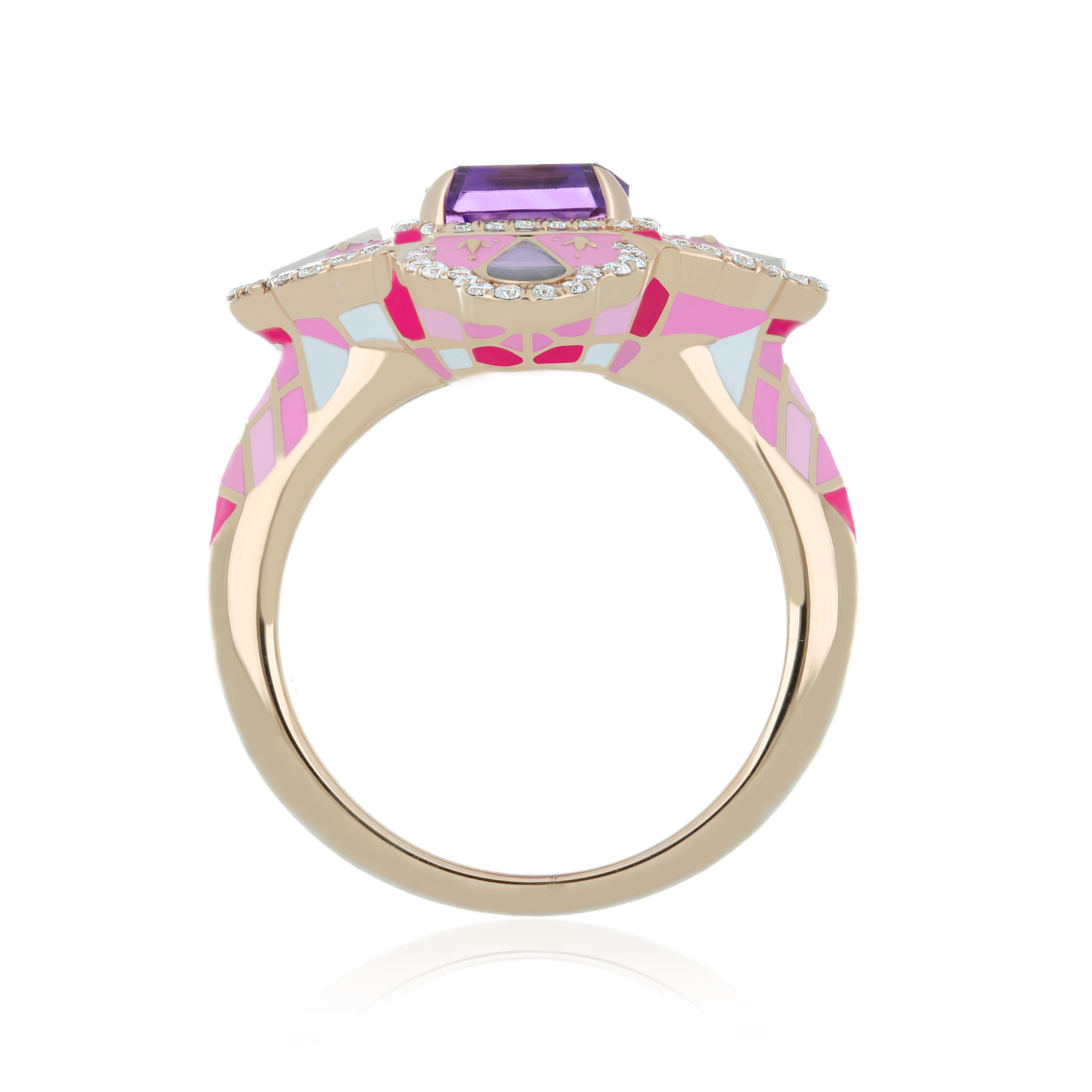 For Sale:  Pink Amethyst, MOP and Diamond Studded Ring with Enamel in 14k Rose Gold 5