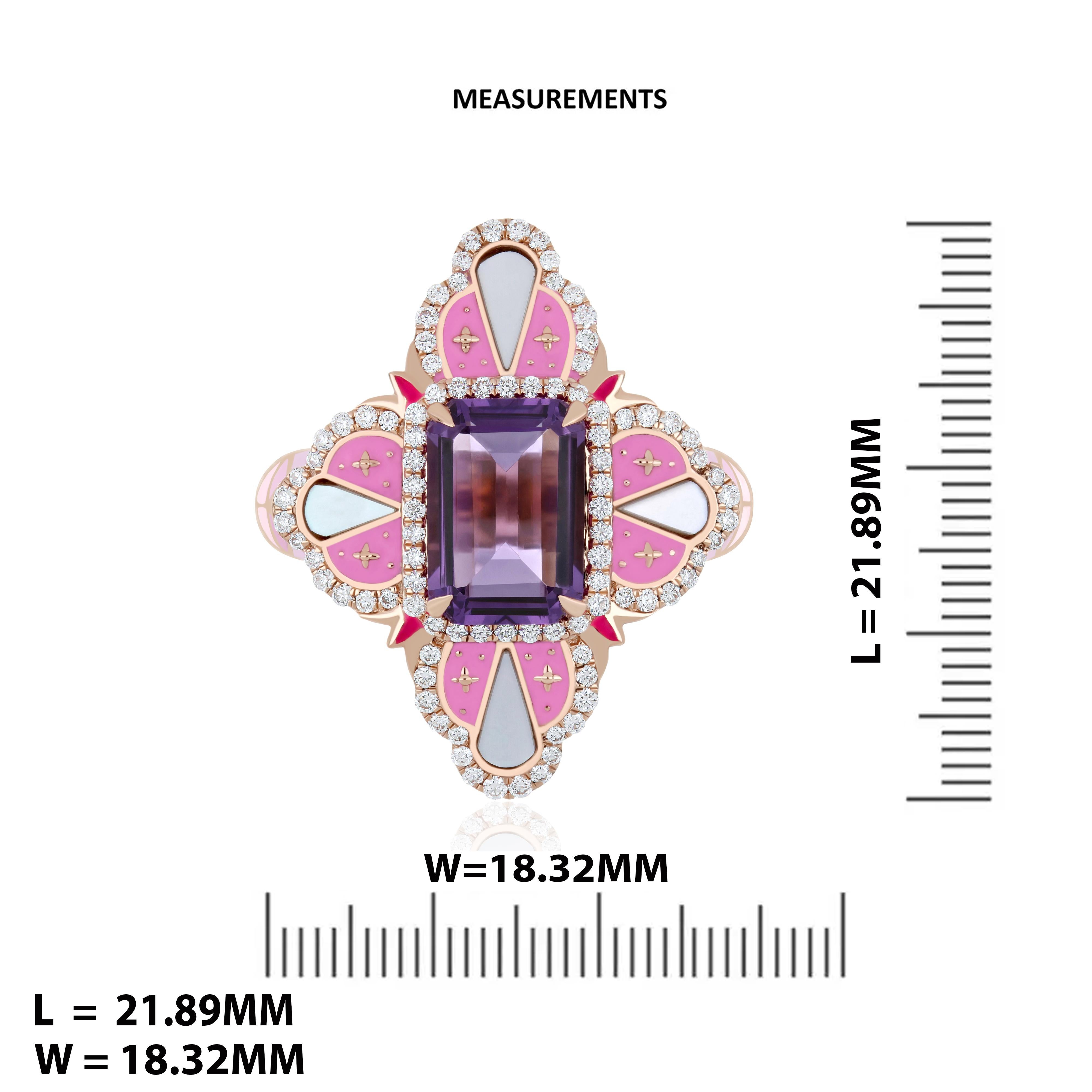 For Sale:  Pink Amethyst, MOP and Diamond Studded Ring with Enamel in 14k Rose Gold 6