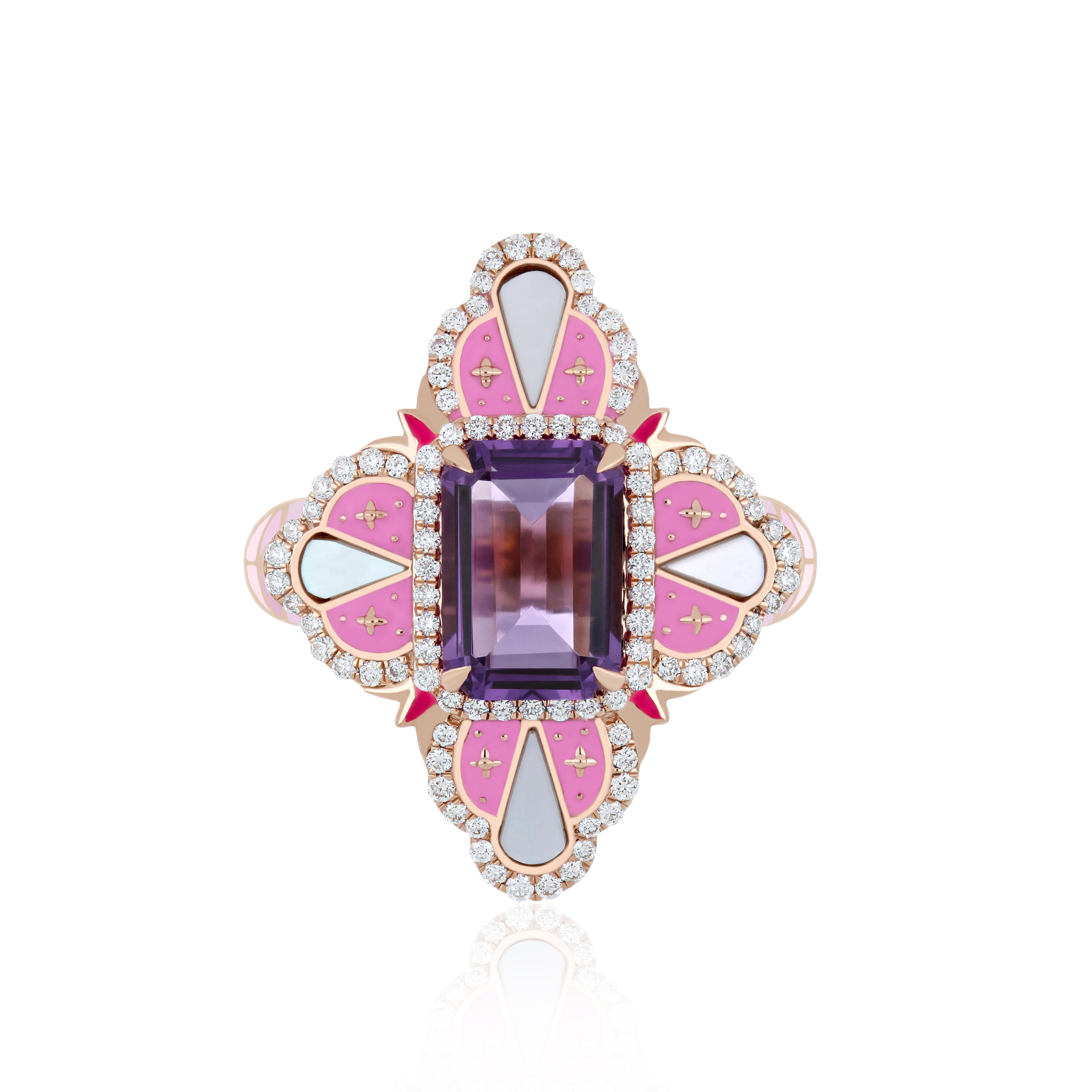 For Sale:  Pink Amethyst, MOP and Diamond Studded Ring with Enamel in 14k Rose Gold 7