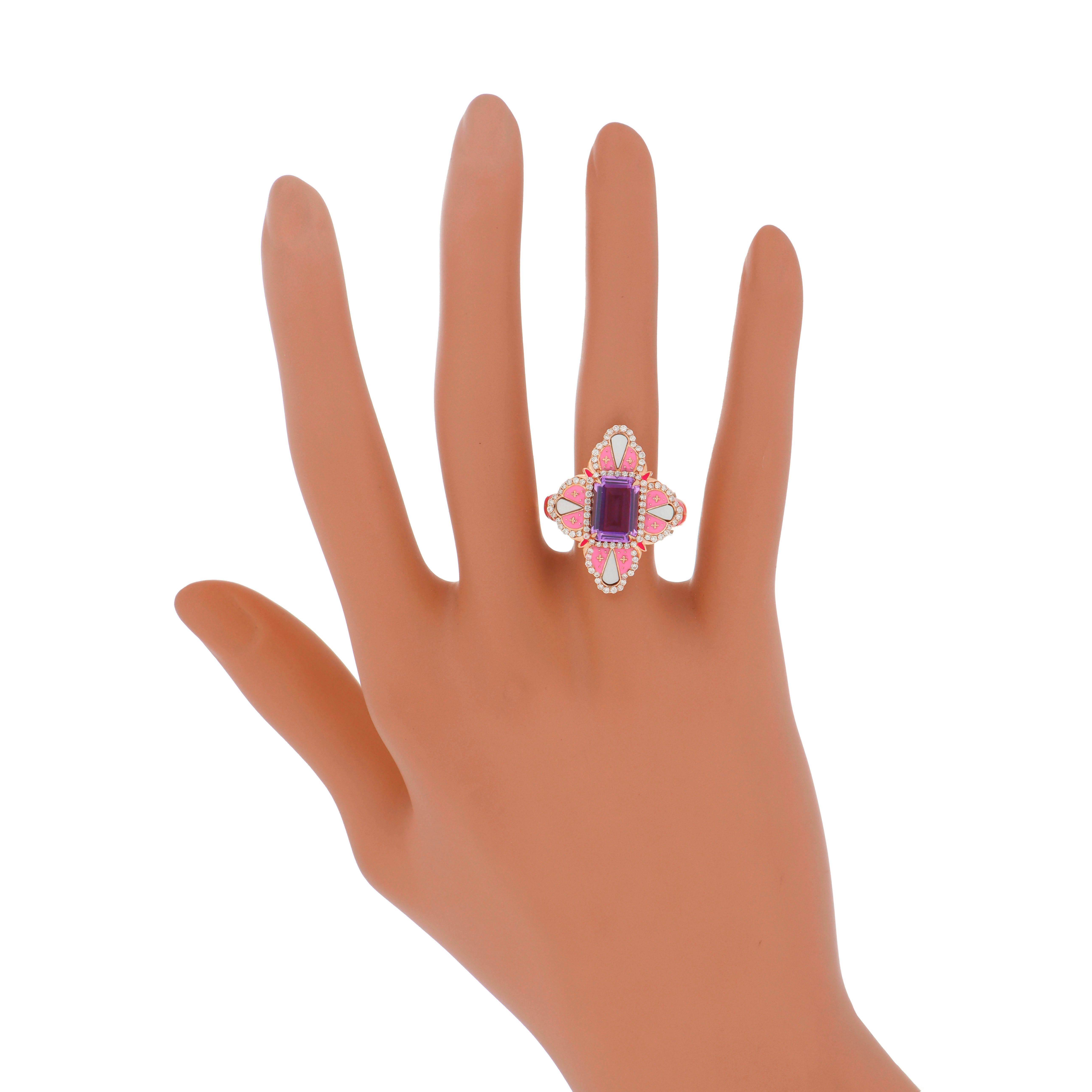 For Sale:  Pink Amethyst, MOP and Diamond Studded Ring with Enamel in 14k Rose Gold 8