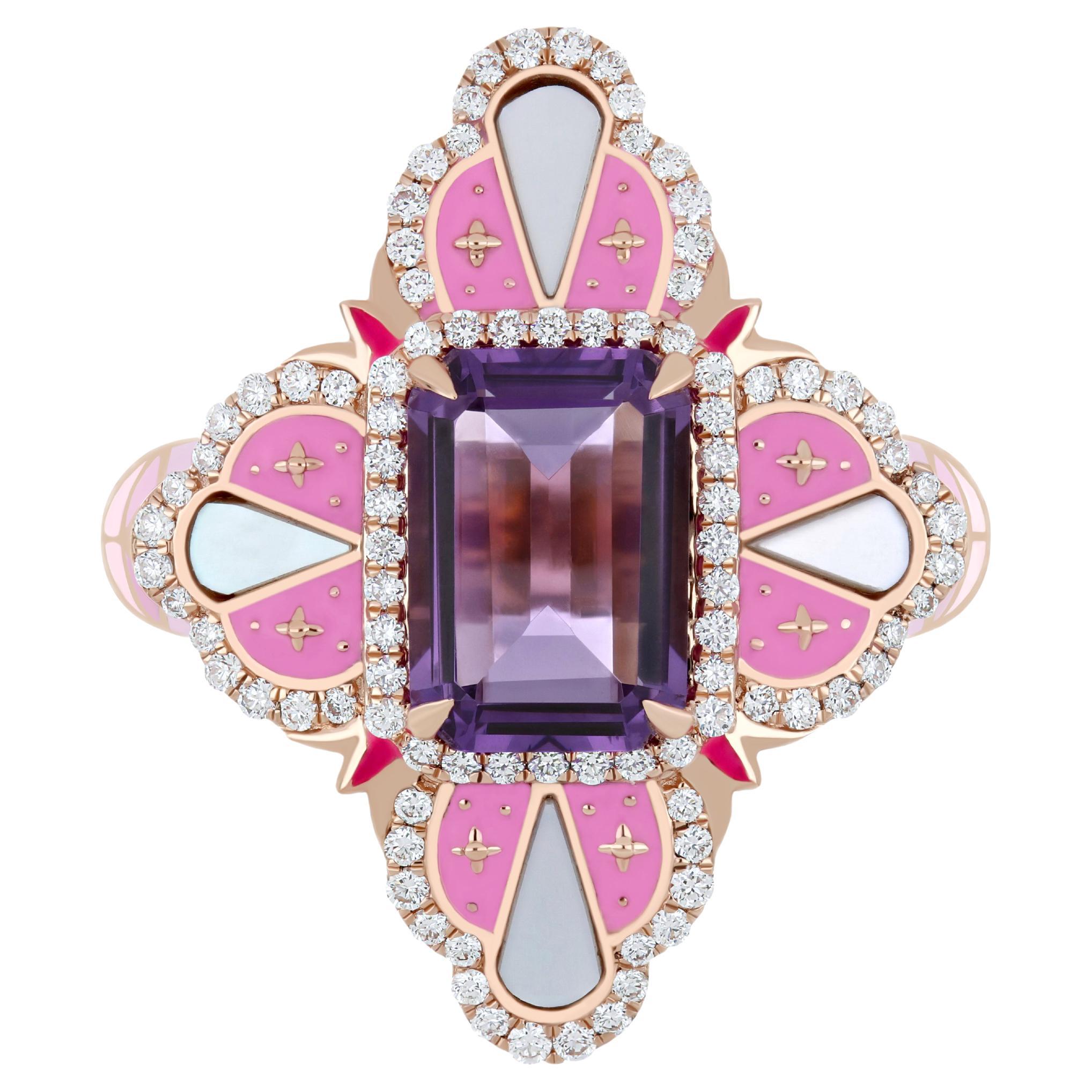 For Sale:  Pink Amethyst, MOP and Diamond Studded Ring with Enamel in 14k Rose Gold