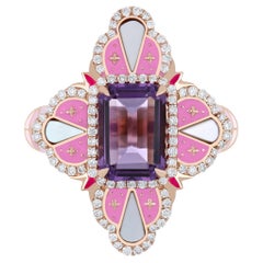 Pink Amethyst, MOP and Diamond Studded Ring with Enamel in 14k Rose Gold