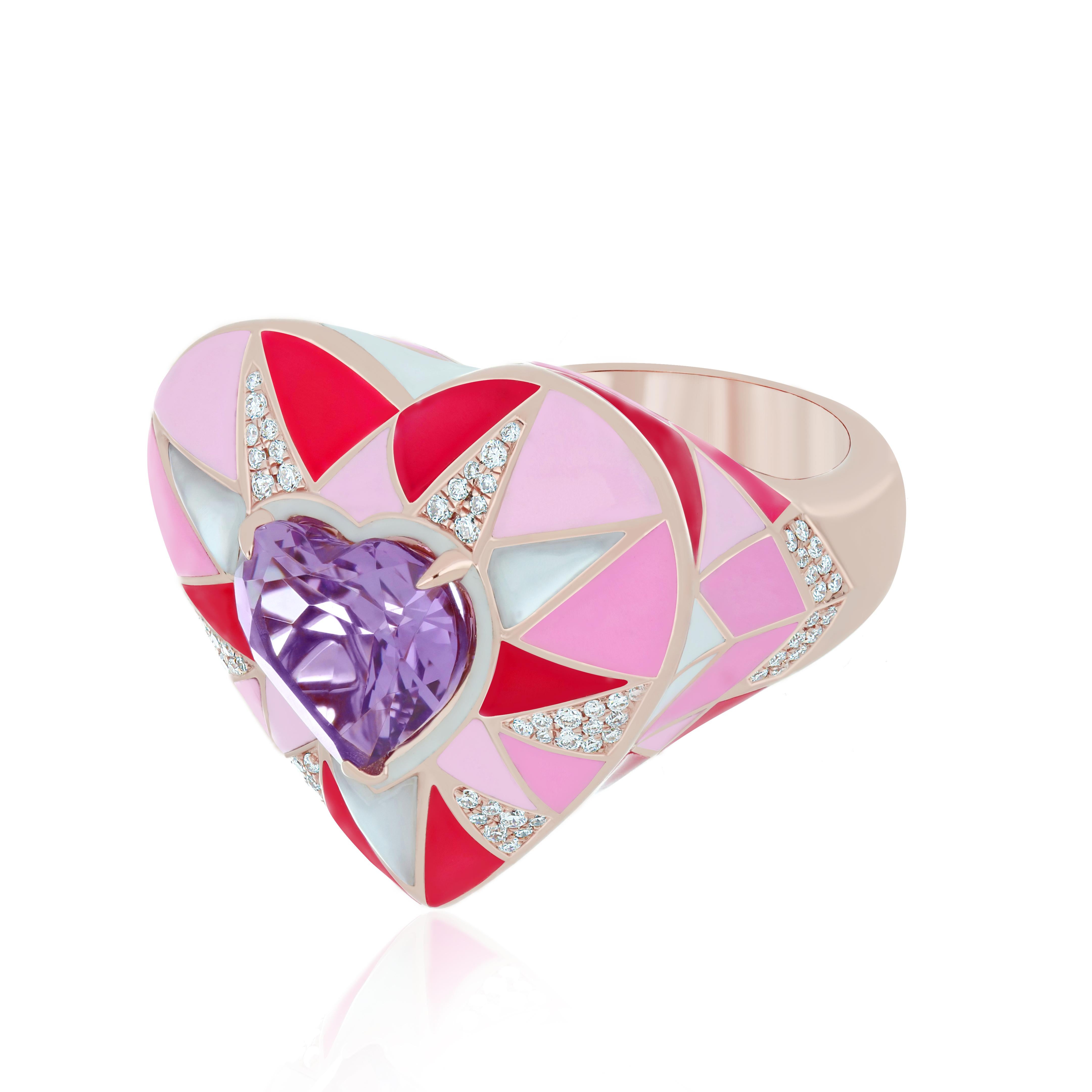 For Sale:  Pink Amethyst, Mother of Pearl & Diamond Enamel Ring in 14k Rose Gold Ring  2