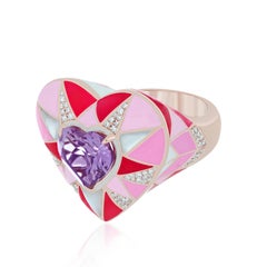 Pink Amethyst, Mother of Pearl & Diamond Enamel Ring in 14k Rose Gold Ring