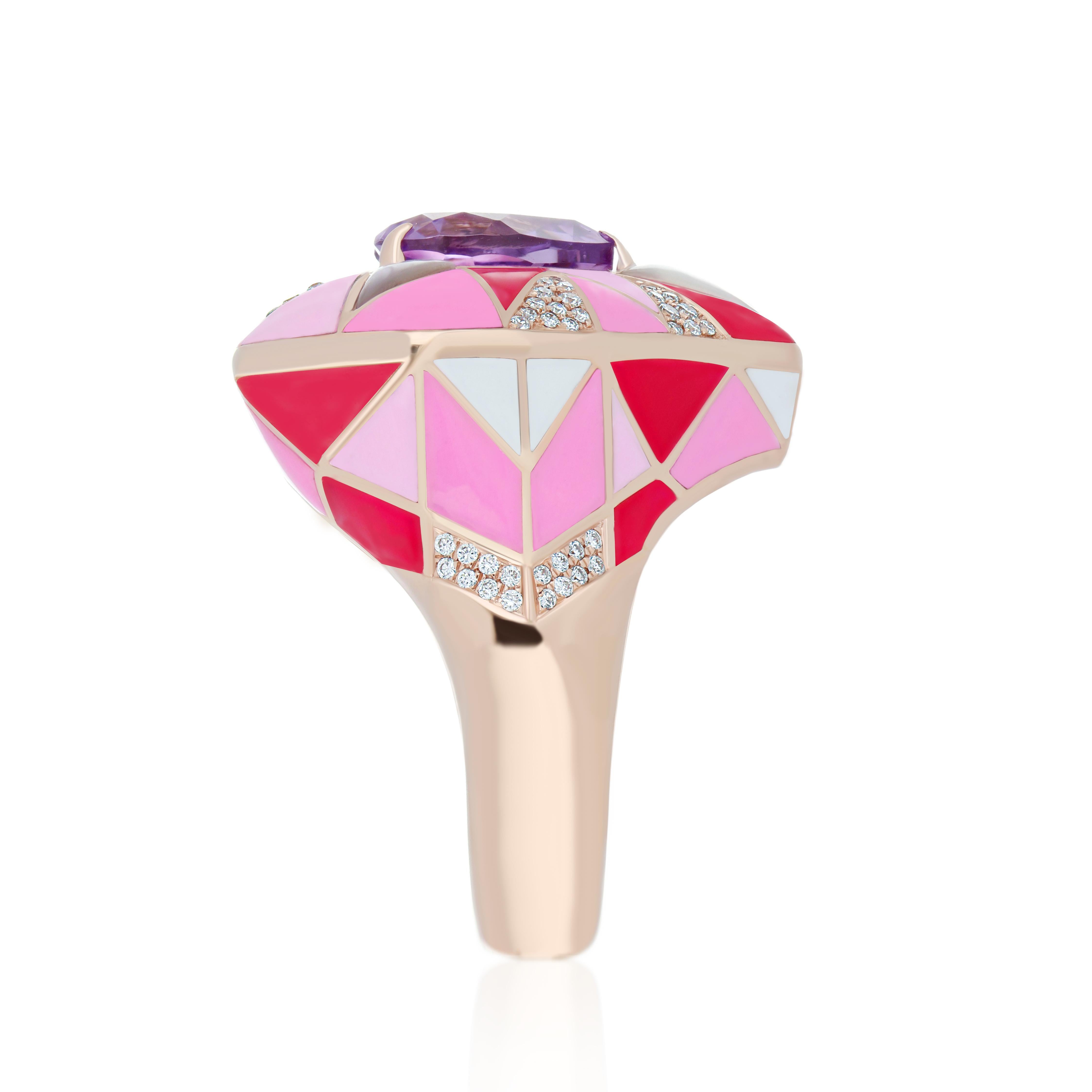 For Sale:  Pink Amethyst, Mother of Pearl & Diamond Enamel Ring in 14k Rose Gold Ring  3