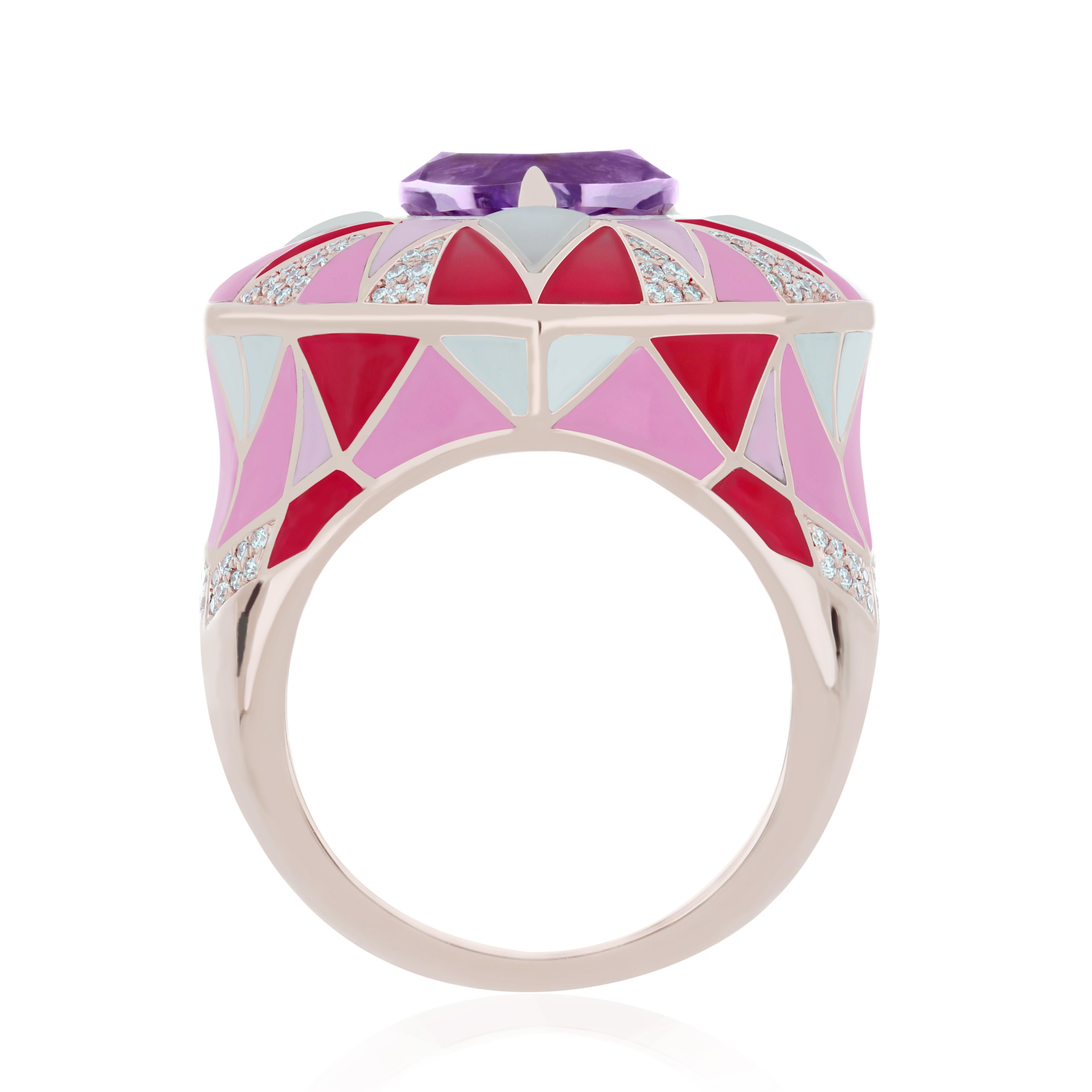 For Sale:  Pink Amethyst, Mother of Pearl & Diamond Enamel Ring in 14k Rose Gold Ring  4
