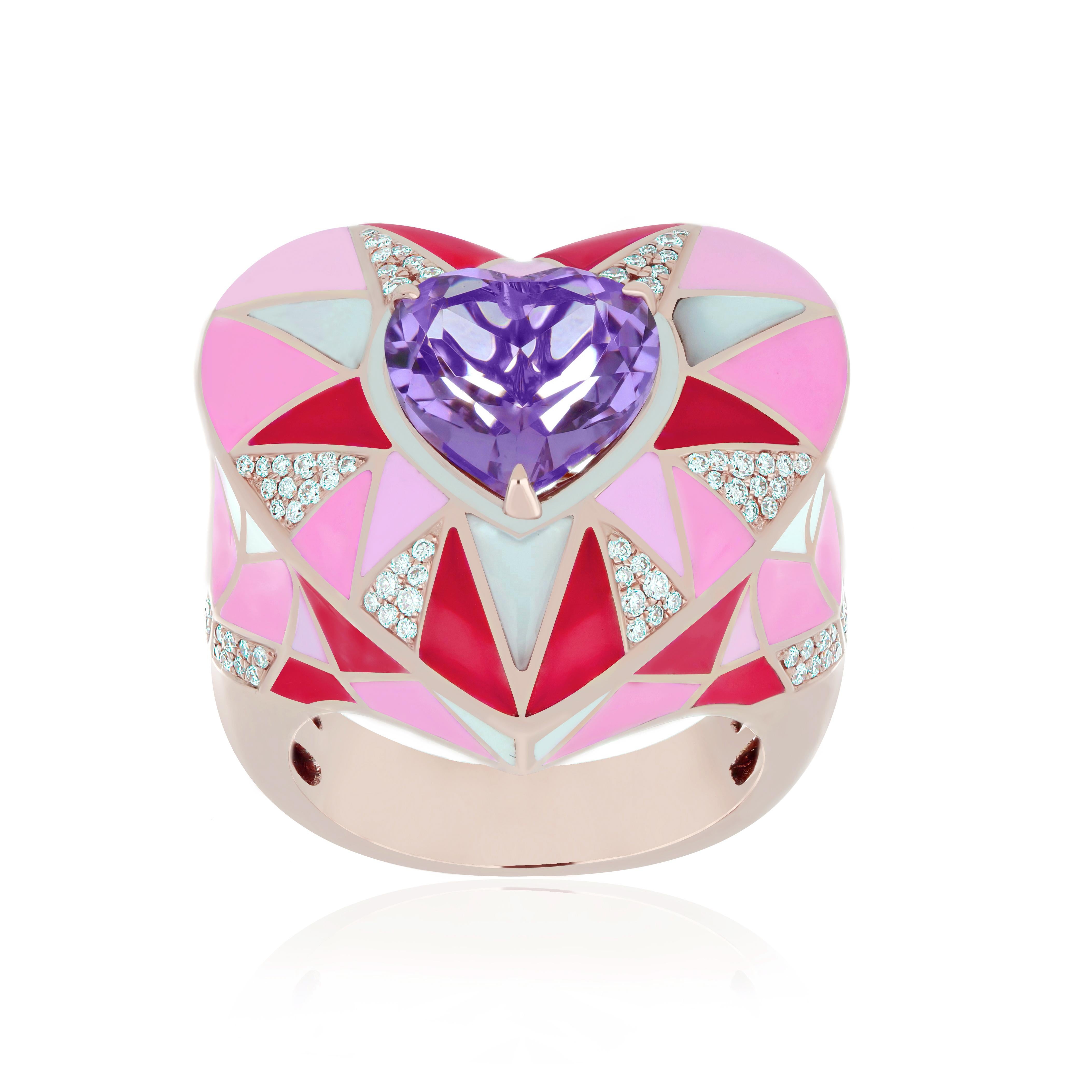 For Sale:  Pink Amethyst, Mother of Pearl & Diamond Enamel Ring in 14k Rose Gold Ring  5
