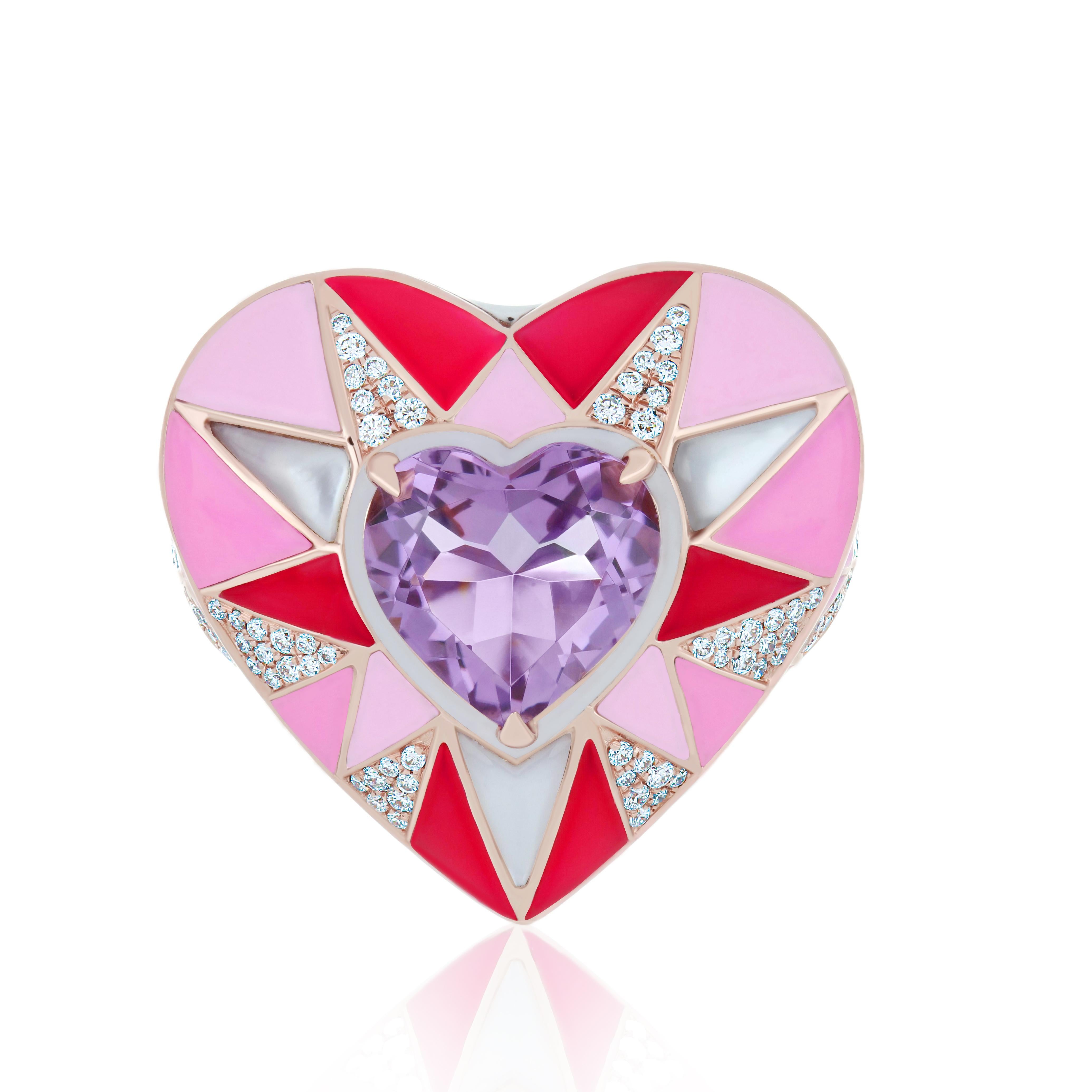 For Sale:  Pink Amethyst, Mother of Pearl & Diamond Enamel Ring in 14k Rose Gold Ring  6