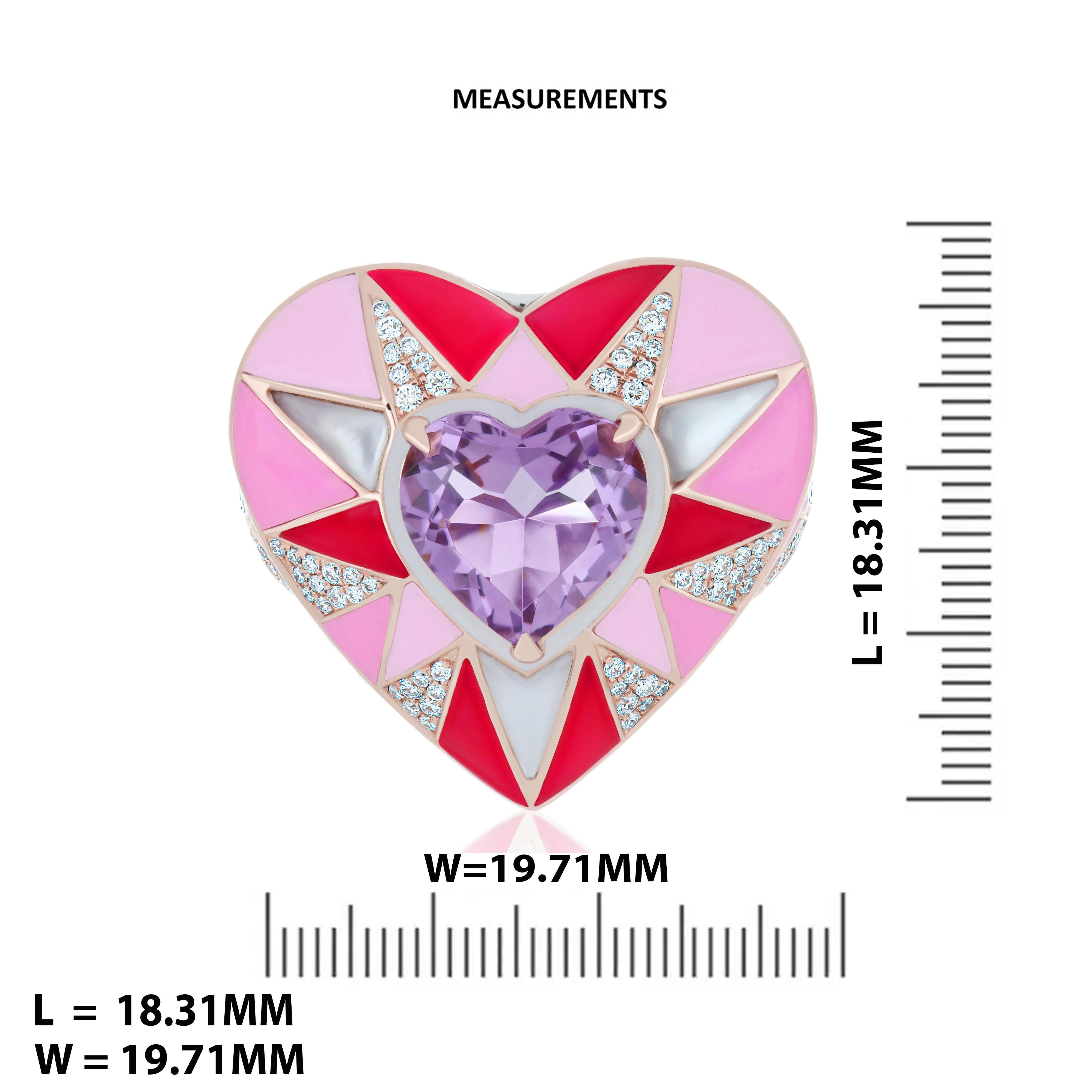 For Sale:  Pink Amethyst, Mother of Pearl & Diamond Enamel Ring in 14k Rose Gold Ring  7