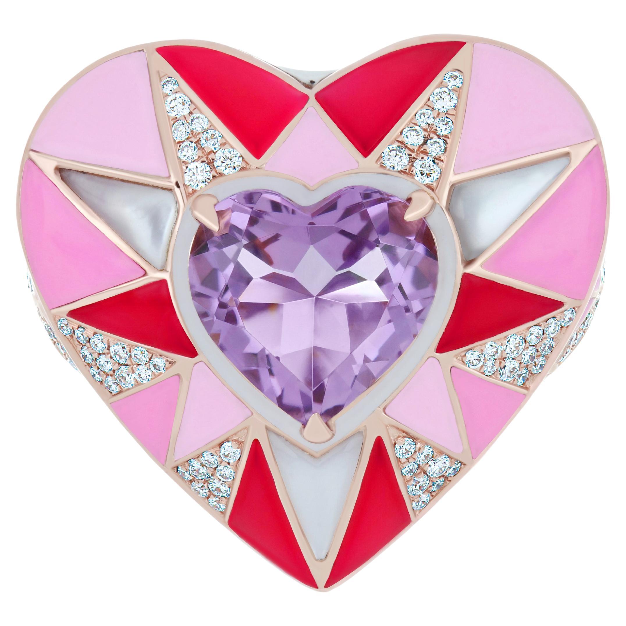 For Sale:  Pink Amethyst, Mother of Pearl & Diamond Enamel Ring in 14k Rose Gold Ring
