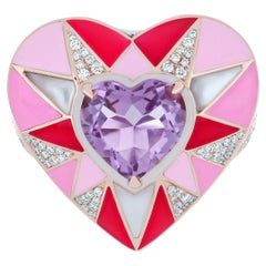 Pink Amethyst, Mother of Pearl & Diamond Enamel Ring in 14k Rose Gold Ring 