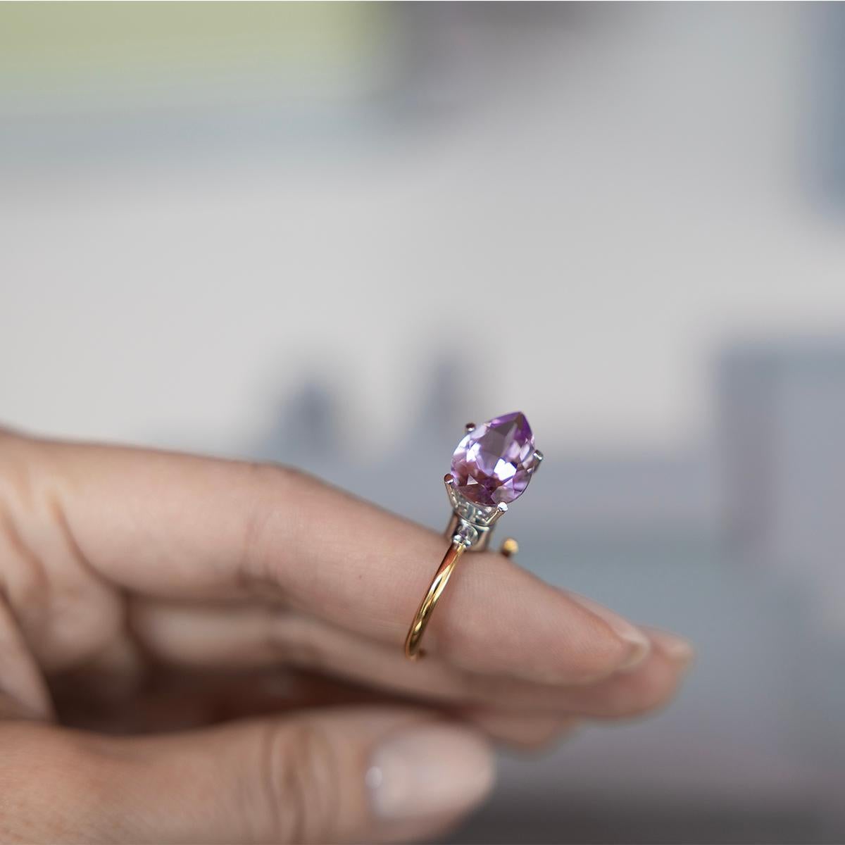 Contemporary Pink Amethyst, Pear Cut  '4.5 Carat' in a Golden Yellow Ring, 18k  For Sale