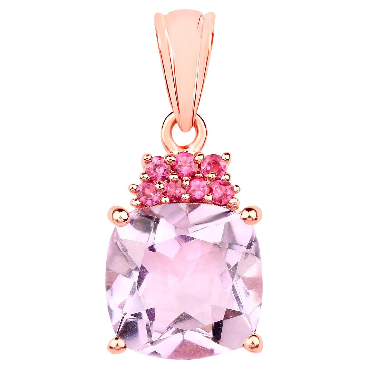 Cushion Cut Pink Amethyst Pendant Rhodolite 5.53 Carats 18K Rose Gold Plated Silver For Sale