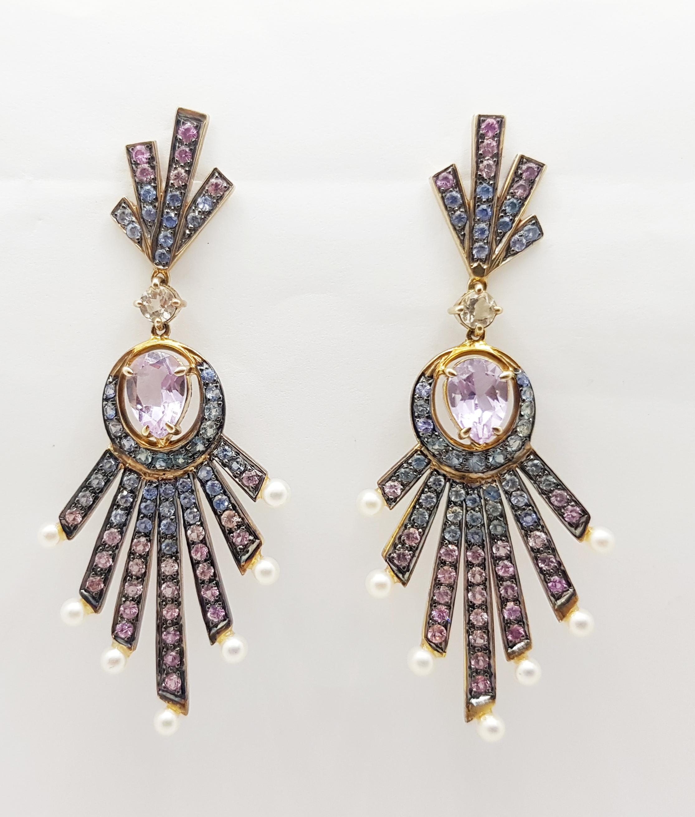 Contemporary Pink Amethyst, Pink Sapphire, Blue Sapphire and Pearl Earrings set in Silver  For Sale