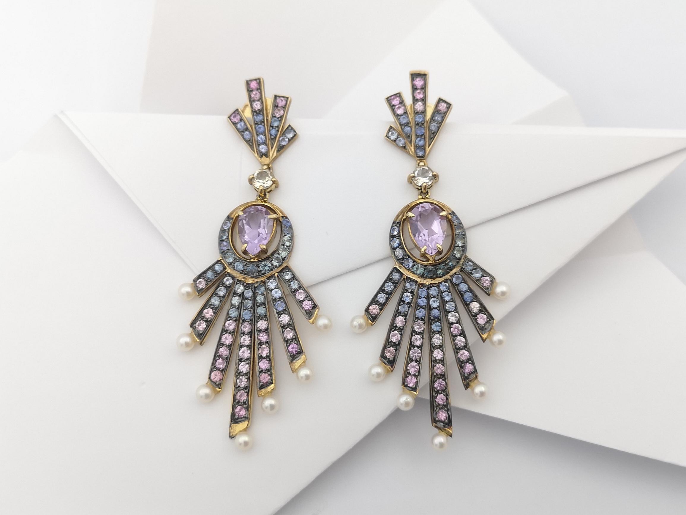 Pink Amethyst, Pink Sapphire, Blue Sapphire and Pearl Earrings set in Silver  In New Condition For Sale In Dusit, 10