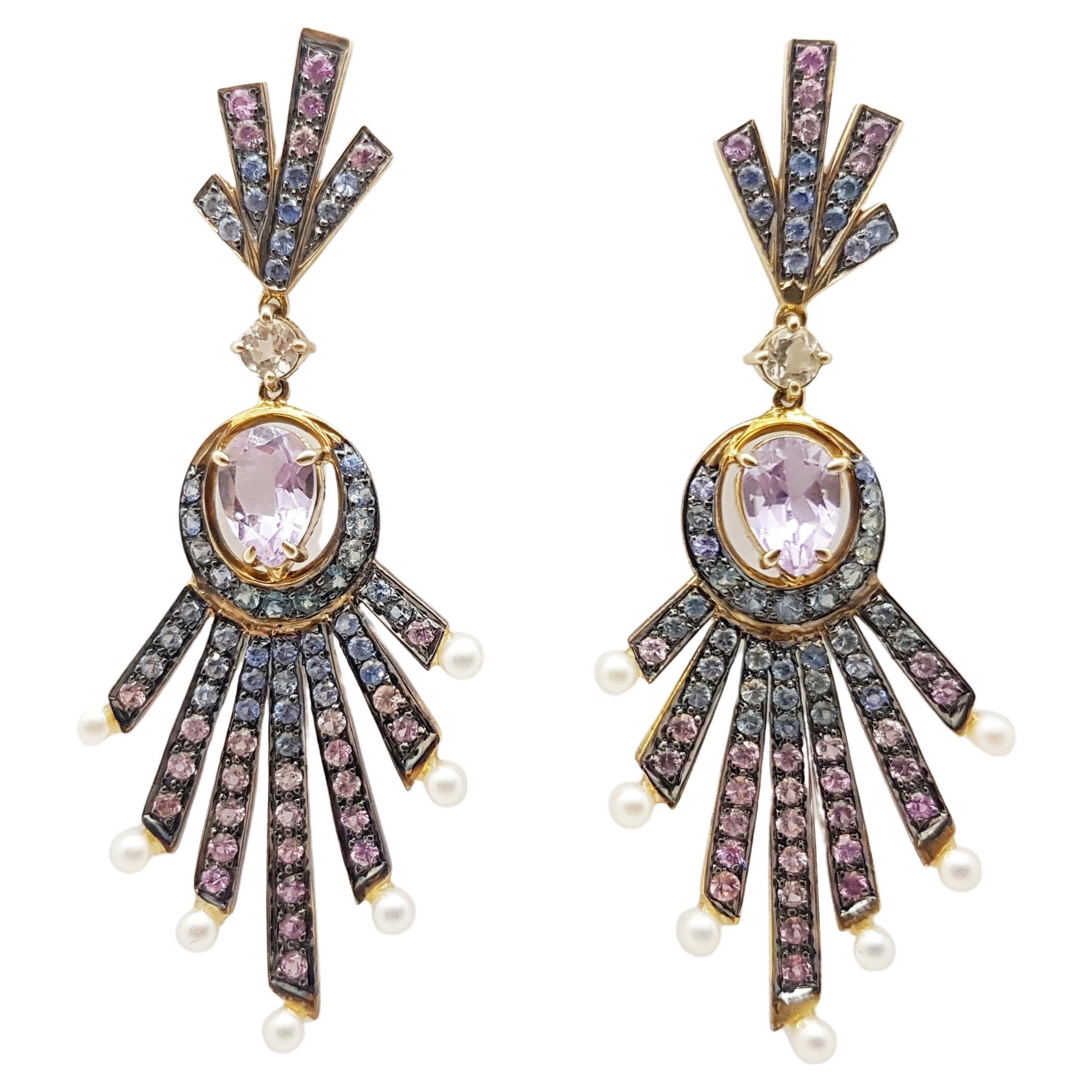 Pink Amethyst, Pink Sapphire, Blue Sapphire and Pearl Earrings set in Silver 