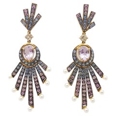 Pendientes de amatista rosa, zafiro rosa, zafiro azul y perla engastados en plata