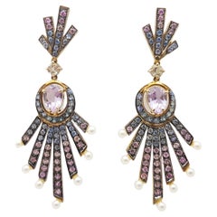 Used Pink Amethyst, Pink Sapphire, Blue Sapphire and Pearl Earrings set in Silver 