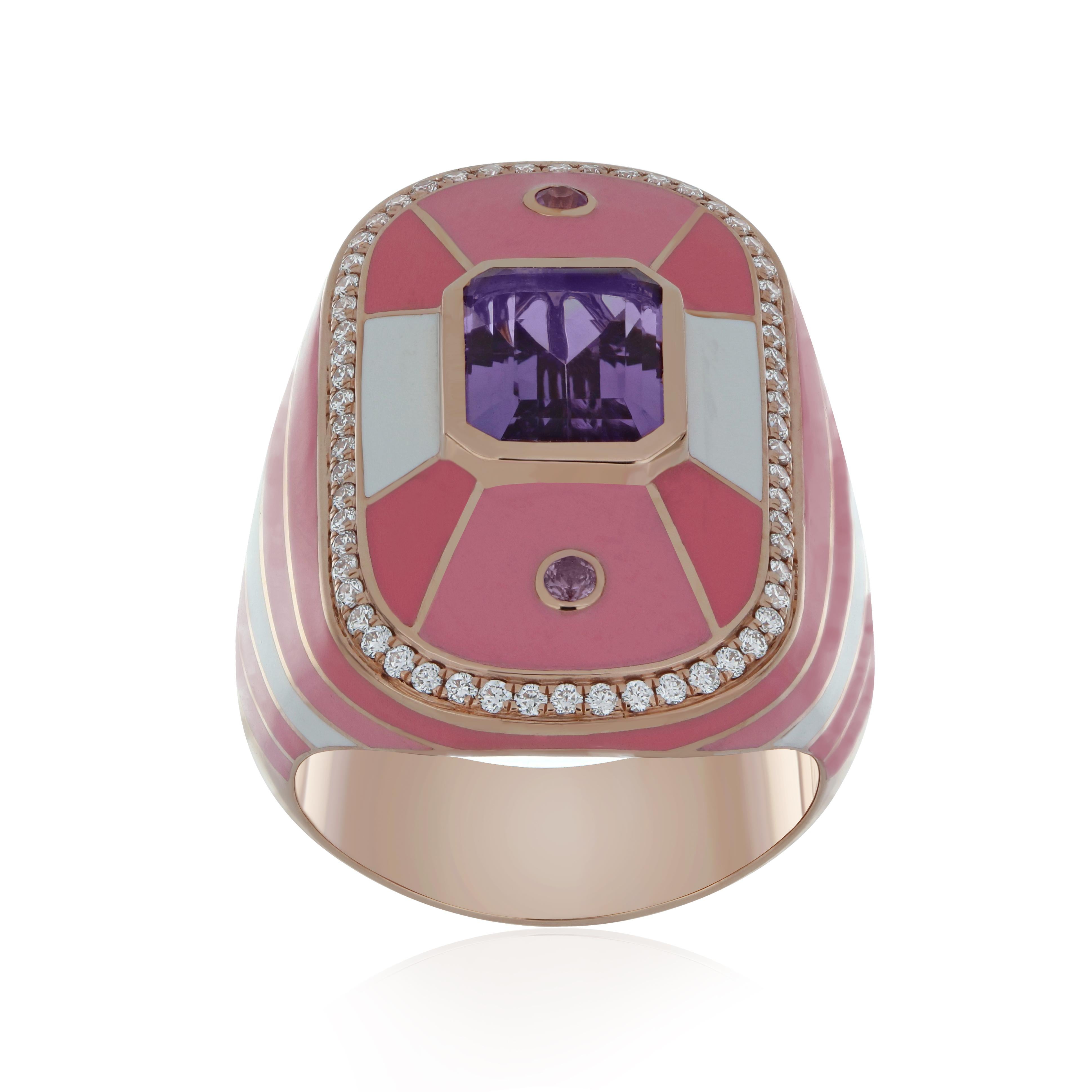Elegant and Exquisitely detailed 14 karat Roes Gold Ring, with 2.10
Cts (approx.) Octagon Shape Pink Amethyst set in center and Surrounded by Enamel, and Micro pave Diamonds, weighing approx. 0.35 CT's. (approx.) total carat weight with