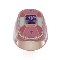 Pink Amethyst, Pink Sapphire & Diamond Ring with Enamel in 14k Rose Gold