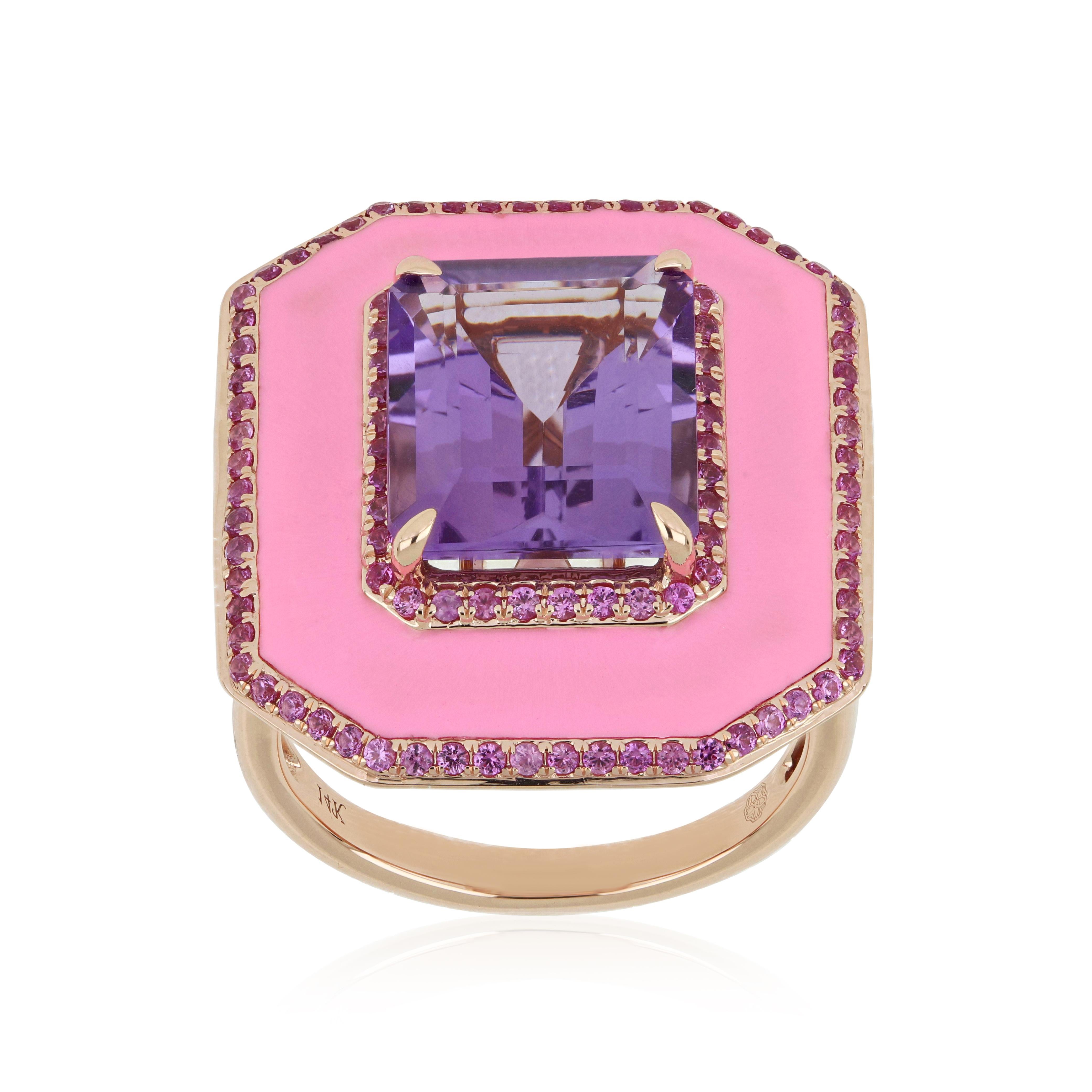 Indulge in the opulence of our meticulously crafted 14 karat Rose Gold Ring, adorned with a resplendent 5.38 carat (approx.) Octagon Cut Pink Amethyst nestled at its heart. Encircled by exquisite Enamel detailing and embraced by a halo of precious
