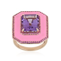 Pink Amethyst, Pink Sapphire & Diamond Ring with Enamel in 14k Rose Gold