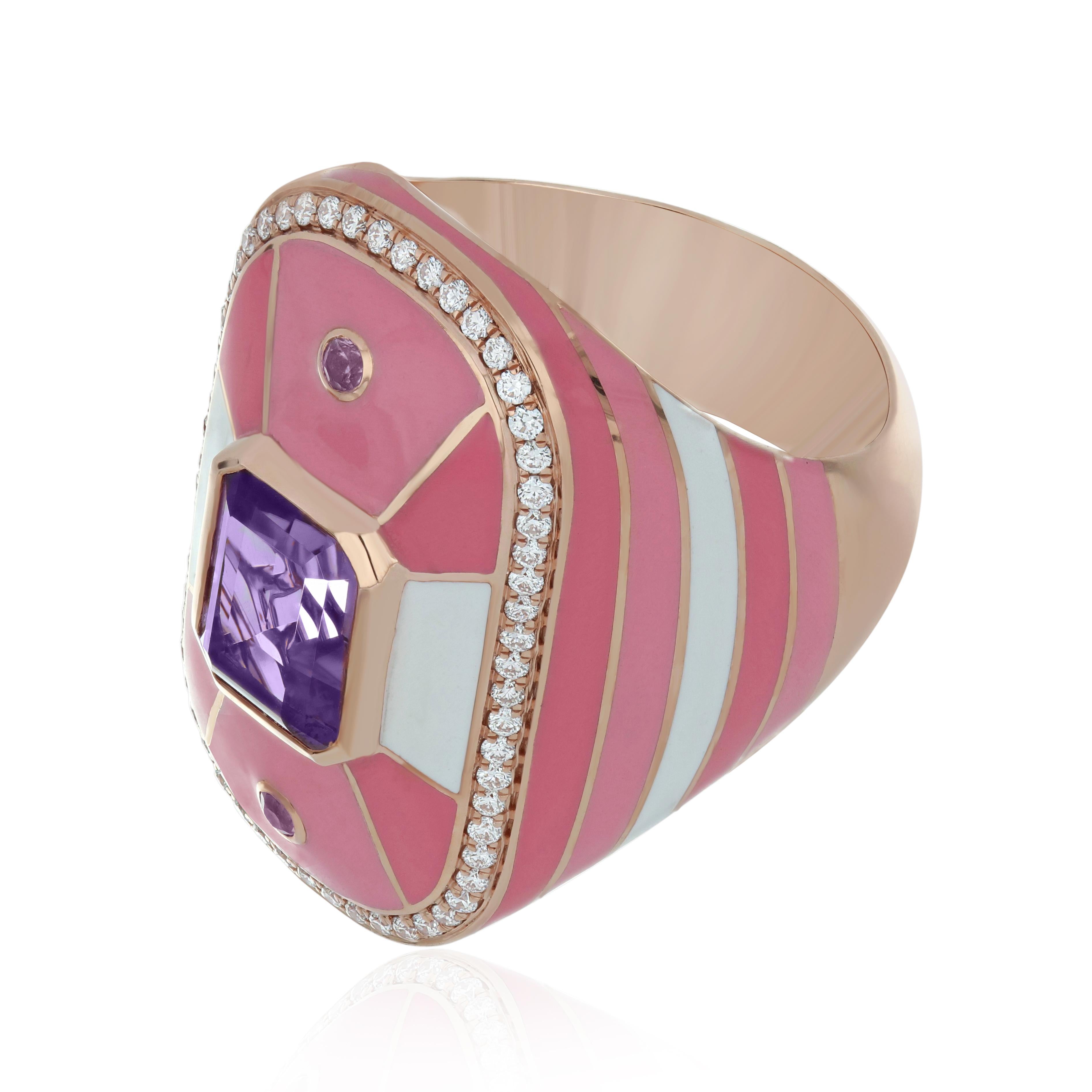 Round Cut  Pink Amethyst, Pink Sapphire & Diamond Ring with Enamel in 14k Rose Gold  For Sale