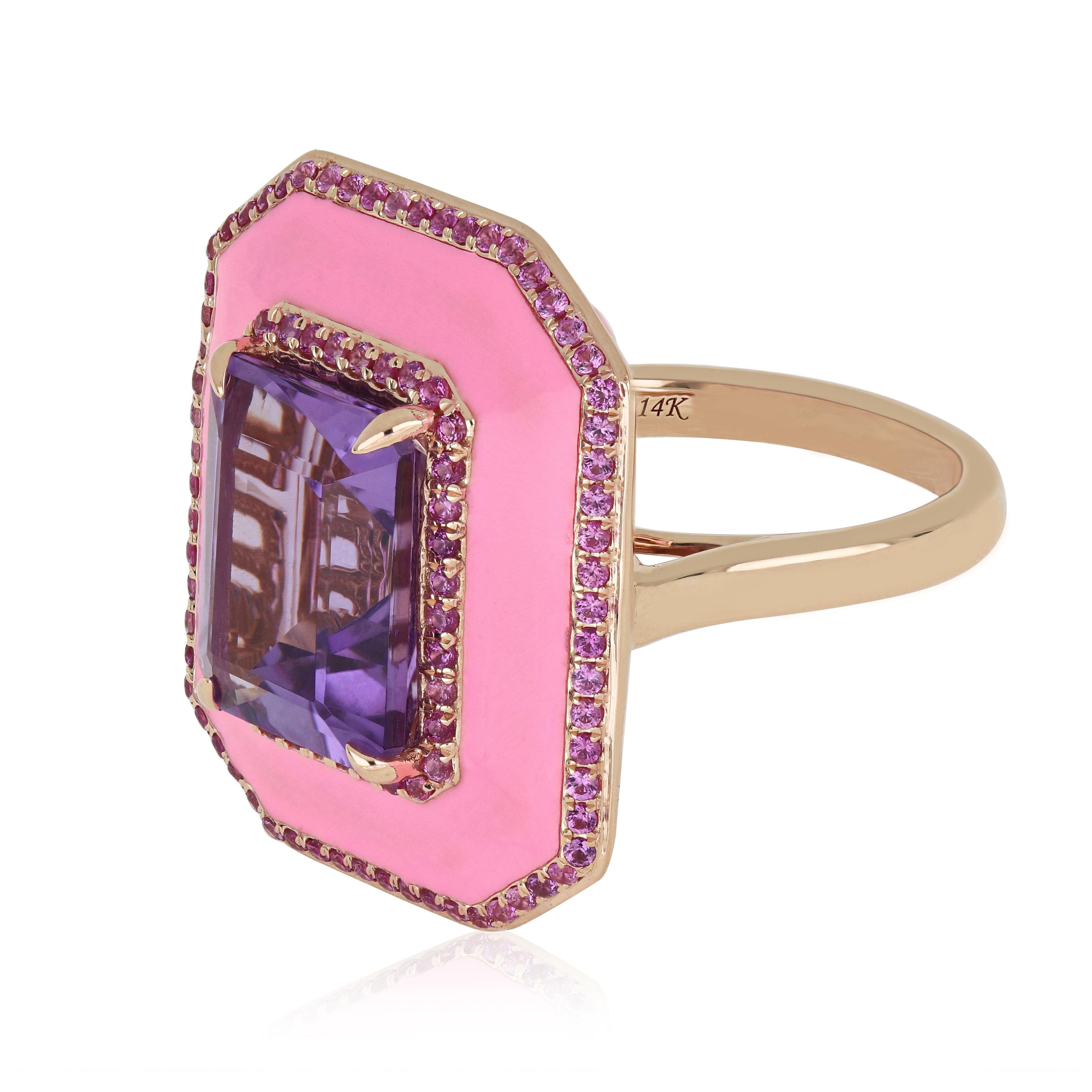 Octagon Cut Pink Amethyst, Pink Sapphire & Diamond Ring with Enamel in 14k Rose Gold For Sale